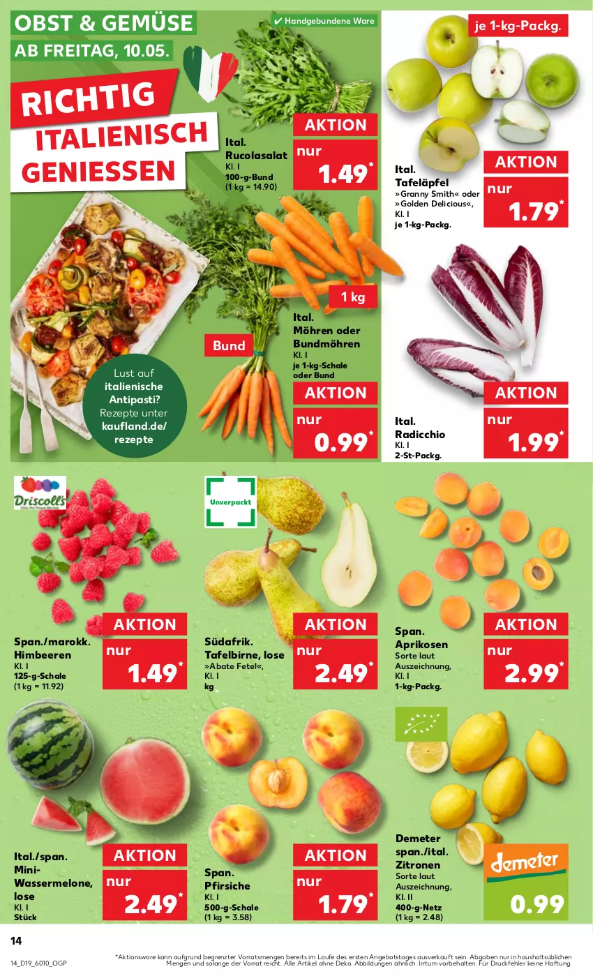 Aktueller Prospekt Kaufland - Prospekt - von 09.05 bis 15.05.2024 - strona 14 - produkty: angebot, antipasti, aprikose, aprikosen, asti, beere, beeren, Bundmöhren, cola, himbeer, himbeere, himbeeren, melone, möhren, obst, pfirsich, pfirsiche, Radicchio, rezept, rezepte, rucola, salat, Schal, Schale, tafeläpfel, Ti, wasser, wassermelone, zitrone, zitronen, ZTE