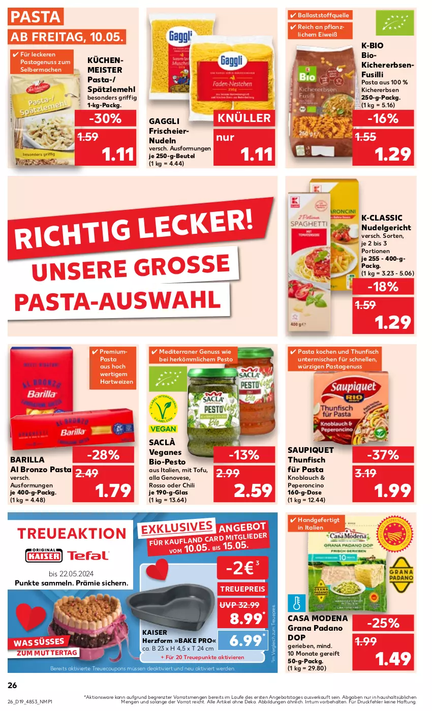 Aktueller Prospekt Kaufland - Prospekt - von 09.05 bis 15.05.2024 - strona 26 - produkty: angebot, ball, barilla, beutel, bio, Casa Modena, chili, cin, coupon, coupons, eier, eiernudeln, eis, elle, erbsen, erde, fisch, fusilli, gaggli, genovese, grana, grana padano, hartweizen, Kaiser, kichererbsen, knoblauch, küche, Küchen, LG, mac, mehl, Meister, Mode, nudel, Nudelgericht, nudeln, nuss, padano, pasta, pesto, Rana, reis, sac, saupiquet, senf, Spätzlemehl, thunfisch, Ti, Tofu, ZTE