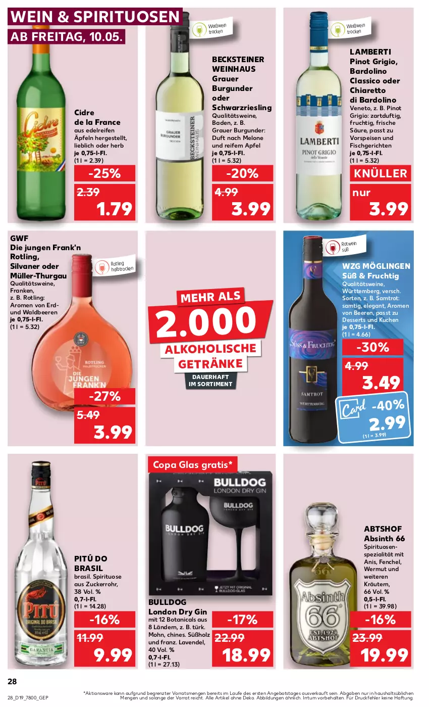 Aktueller Prospekt Kaufland - Prospekt - von 09.05 bis 15.05.2024 - strona 28 - produkty: alkohol, alkoholische getränke, Amber, angebot, apfel, auer, Bad, becks, becksteiner, beere, beeren, Bulldog, burgunder, chia, classico, dessert, desserts, dry gin, eis, fenchel, fisch, frucht, getränk, getränke, gin, grauer burgunder, Holz, kräuter, kräutern, kuchen, lavendel, london dry, london dry gin, melone, Müller, Müller-Thurgau, Pinot, pinot grigio, qualitätswein, qualitätsweine, reifen, riesling, rotwein, schwarzriesling, silvaner, Spezi, spirituosen, steiner, Ti, vorspeise, wein, weine, Weißwein, ZTE, zucker