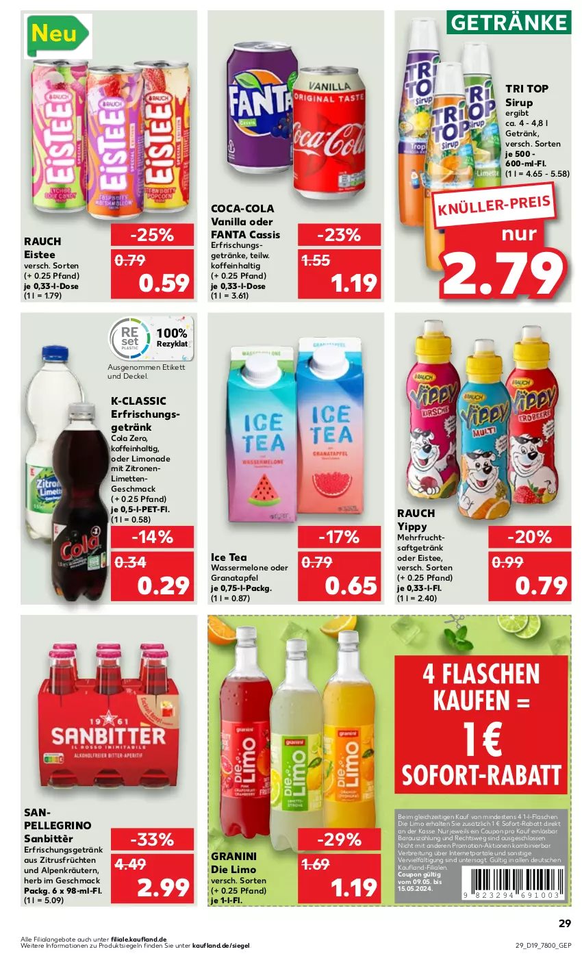 Aktueller Prospekt Kaufland - Prospekt - von 09.05 bis 15.05.2024 - strona 29 - produkty: angebot, angebote, apfel, Brei, cassis, coca-cola, cola, coupon, decke, Deckel, eis, eistee, elle, erfrischungsgetränk, erfrischungsgetränke, fanta, flasche, frucht, früchte, früchten, getränk, getränke, grana, granatapfel, granini, granini die limo, ice tea, kräuter, kräutern, limette, limetten, limo, limonade, mac, melone, Mett, metten, Rana, Rauch, saft, Sanbittèr, sanpellegrino, sirup, sofort-rabatt, tee, Ti, wasser, wassermelone, zitrone, zitronen