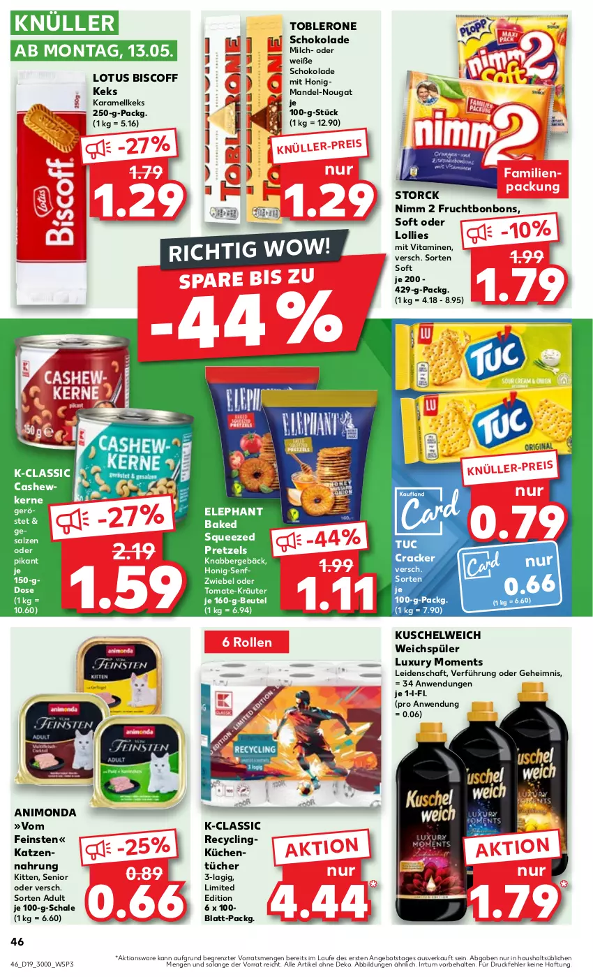 Aktueller Prospekt Kaufland - Prospekt - von 09.05 bis 15.05.2024 - strona 46 - produkty: angebot, beutel, biscoff, bonbons, Cashew, cashewkerne, Clin, cracker, eis, frucht, honig, Honig-Senf, karamell, katzennahrung, keks, kräuter, küche, Küchen, küchentücher, Kuschelweich, mandel, milch, Nimm 2, Pretzel, salz, Schal, Schale, schoko, schokolade, senf, storck, Ti, toblerone, tomate, tuc, tücher, vita, Vitamine, weichspüler, Weiße Schokolade, ZTE, zwiebel