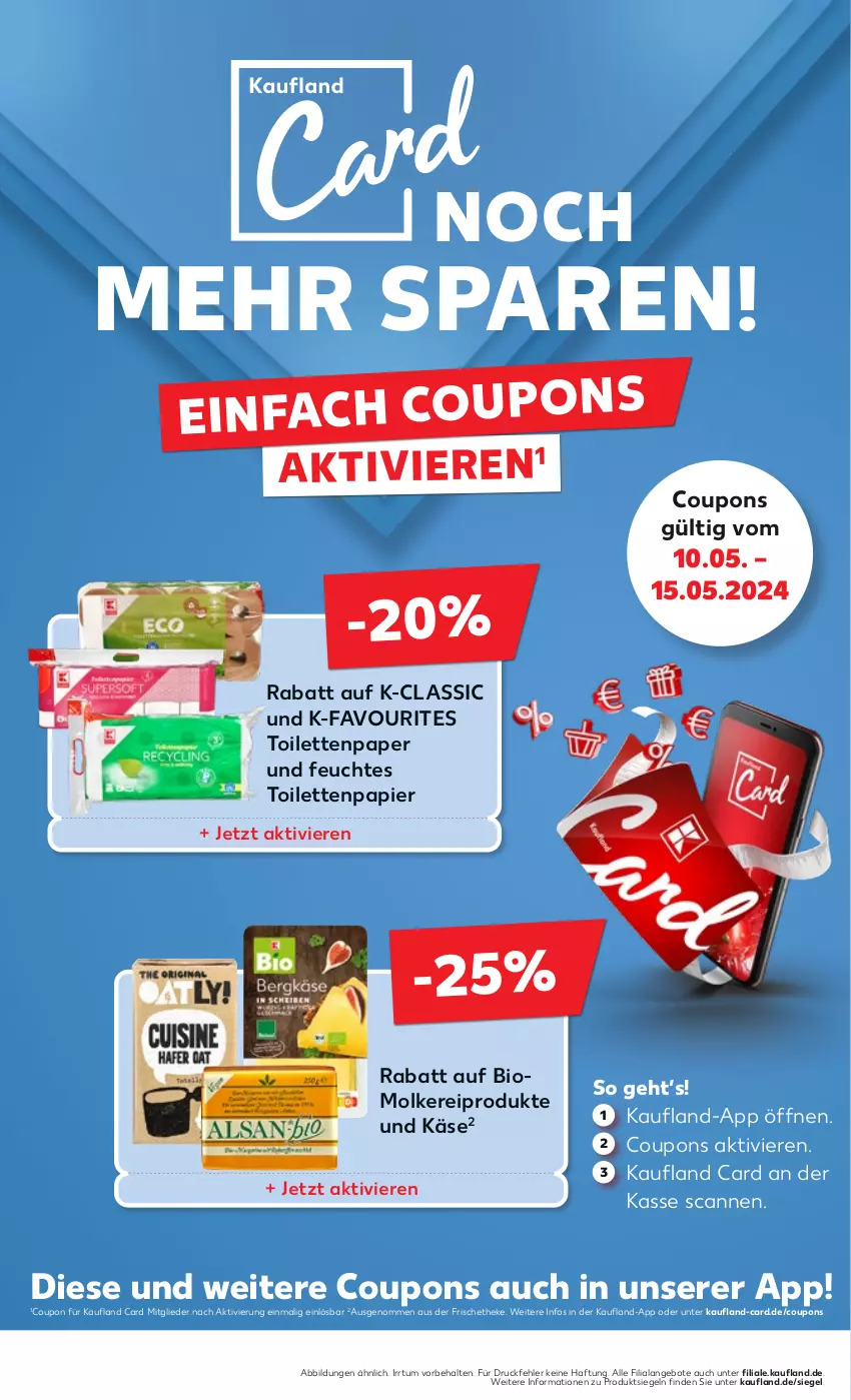 Aktueller Prospekt Kaufland - Prospekt - von 09.05 bis 15.05.2024 - strona 50 - produkty: angebot, angebote, bio, coupon, coupons, feuchtes toilettenpapier, Käse, molkereiprodukte, papier, Ti, toilettenpapier