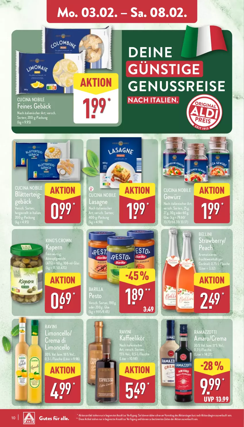 Aktueller Prospekt Aldi Nord - Von Montag - von 03.02 bis 08.02.2025 - strona 10 - produkty: amaro, barilla, blätterteig, blätterteiggebäck, cin, cocktail, eis, flasche, frucht, gewürz, gin, kaffee, lasagne, likör, limo, nuss, pesto, rama, ramazzott, ramazzotti, reis, Ti, wein, zott, ZTE