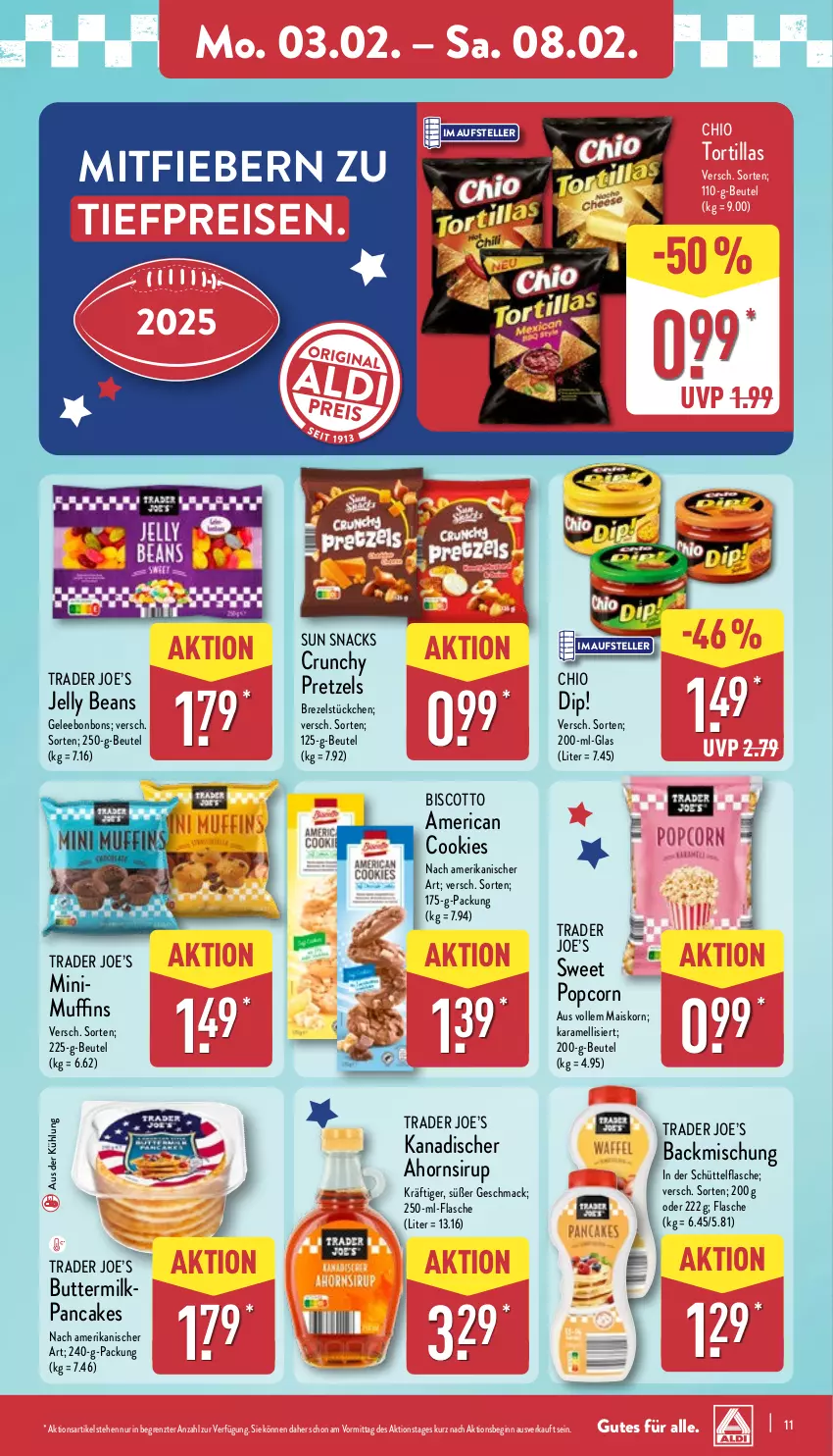 Aktueller Prospekt Aldi Nord - Von Montag - von 03.02 bis 08.02.2025 - strona 11 - produkty: backmischung, beutel, biscotto, bonbons, brezel, butter, cookie, cookies, dip, eis, elle, flasche, gelee, gin, karamell, korn, mac, mais, Muffin, muffins, popcorn, Pretzel, reis, sirup, snack, snacks, Sun Snacks, teller, Ti, tiefpreis, tortilla, tortillas, ZTE