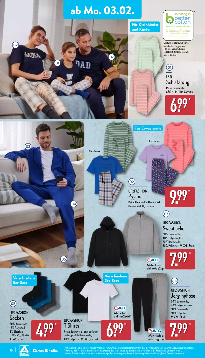 Aktueller Prospekt Aldi Nord - Von Montag - von 03.02 bis 08.02.2025 - strona 16 - produkty: aldi, Anzug, Bau, baumwolle, bett, eis, Elan, garnitur, gin, hose, Jacke, jeans, Jogginghose, Kinder, Pyjama, reine baumwolle, rwe, Schlafanzug, shirt, shirts, socken, sweatjacke, Sweatshirt, T-Shirt, Ti, up2fashion, wolle, ZTE