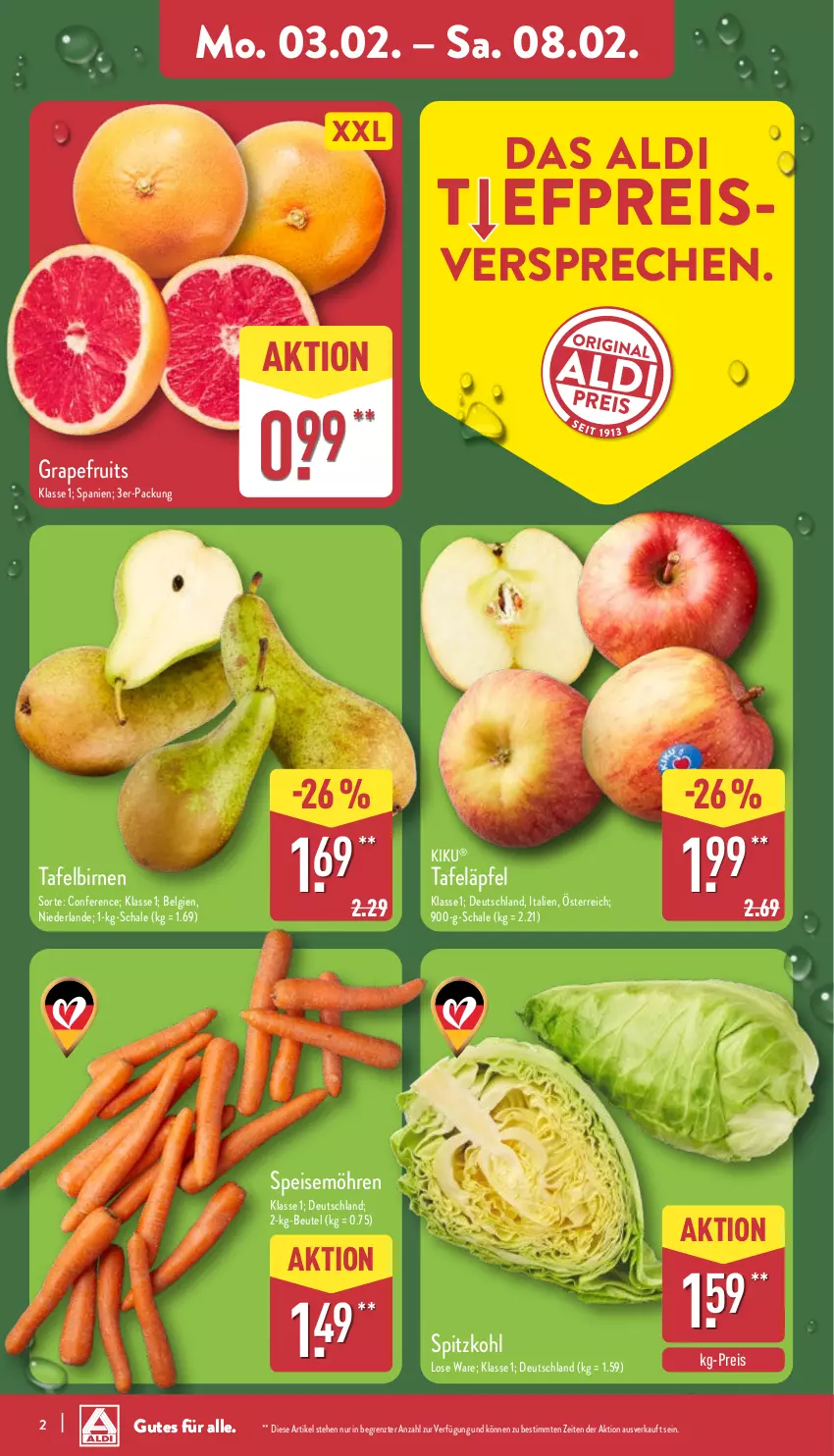 Aktueller Prospekt Aldi Nord - Von Montag - von 03.02 bis 08.02.2025 - strona 2 - produkty: aldi, beutel, Birnen, eis, grapefruit, LG, möhren, reis, Schal, Schale, speisemöhren, spitzkohl, tafeläpfel, tafelbirnen, Ti, ZTE