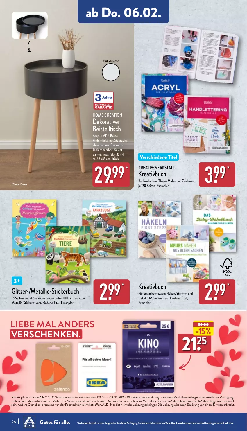 Aktueller Prospekt Aldi Nord - Von Montag - von 03.02 bis 08.02.2025 - strona 26 - produkty: aldi, beistelltisch, buch, decke, Deckel, eis, gin, guthabenkarte, Holz, Ria, ring, Stickerbuch, tablet, tablett, Ti, tisch, ZTE