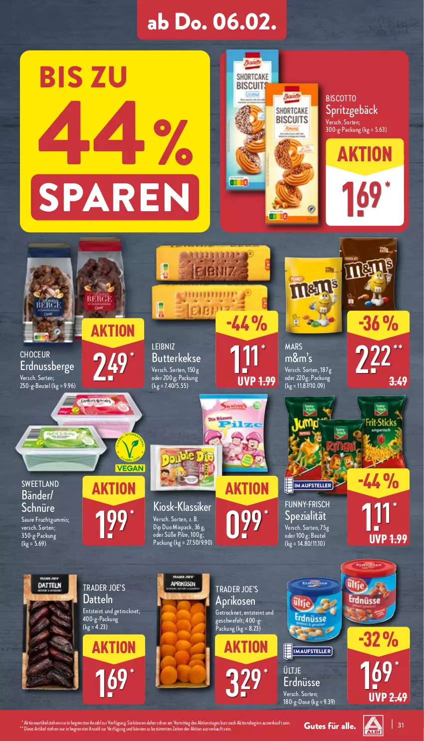 Aktueller Prospekt Aldi Nord - Von Montag - von 03.02 bis 08.02.2025 - strona 31 - produkty: aprikose, aprikosen, beutel, biscotto, butter, butterkeks, Datteln, dip, elle, erdnuss, erdnüsse, frucht, fruchtgummi, fruchtgummis, funny-frisch, gin, keks, kekse, leibniz, mars, nuss, pilze, Spezi, Spritzgebäck, Sweetland, teller, Ti, ültje, ültje erdnüsse, ZTE