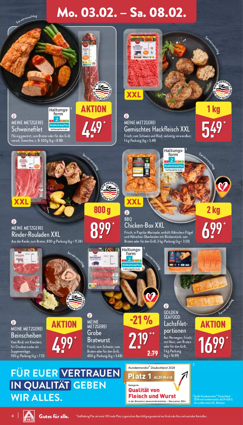 Aktueller Prospekt Aldi Nord - Von Montag - von 03.02 bis 08.02.2025 - strona 4 - produkty: aldi, braten, bratwurst, discount, eis, elle, filet, fleisch, gewürz, grill, grobe bratwurst, hackfleisch, Hähnchen-Oberkeulen, Heu, lachs, lachsfilet, lebensmittel, marinade, monitor, paprika, Ria, rind, rinder, rinder-rouladen, rouladen, rwe, schwein, schwein und rind, schweine, schweinefilet, suppe, suppen, Ti, vom schwein und rind, wein, weine, wurst