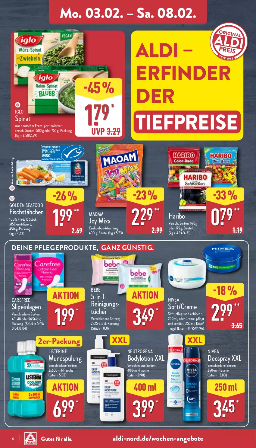 Aktueller Prospekt Aldi Nord - Von Montag - von 03.02 bis 08.02.2025 - strona 6 - produkty: aldi, angebot, angebote, aus der tiefkühlung, Bebe, beutel, body, bodylotion, carefree, creme, deo, deospray, eis, filet, fisch, fischstäbchen, flasche, haribo, iglo, listerine, Lotion, maoam, mundspülung, neutrogena, nivea, Reinigung, reinigungstücher, reis, slip, slipeinlagen, spinat, spülung, Ti, tiefpreis, tücher