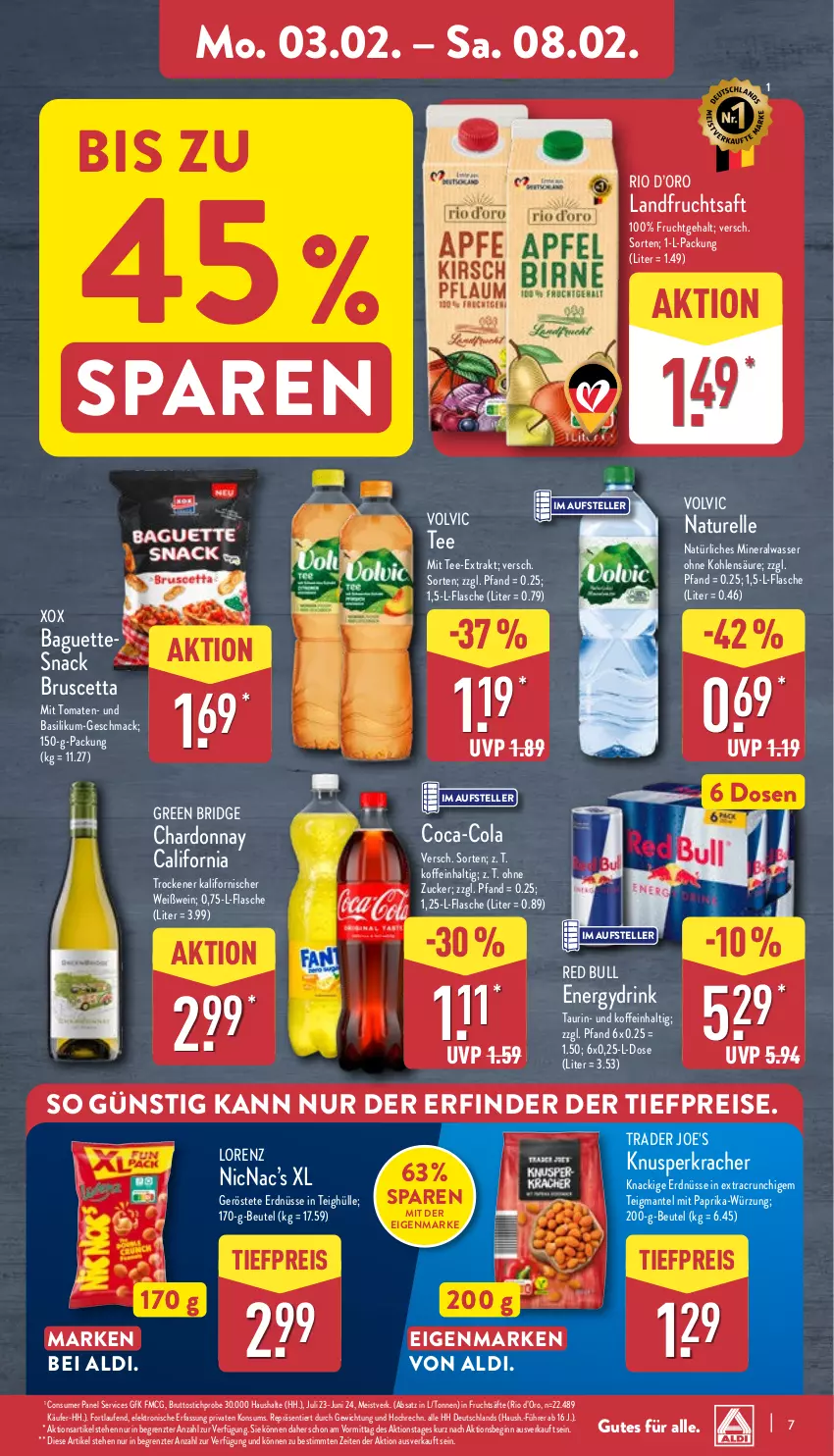 Aktueller Prospekt Aldi Nord - Von Montag - von 03.02 bis 08.02.2025 - strona 7 - produkty: aldi, Alwa, baguette, baguettes, basilikum, beutel, brut, chardonnay, coca-cola, cola, drink, eis, Elektro, elle, erdnüsse, flasche, frucht, fruchtsaft, fruchtsäfte, gin, HP, kracher, Laufen, lorenz, mac, Mantel, mineralwasser, mit paprika, natur, natürliches mineralwasser, paprika, red bull, reis, rel, saft, säfte, snack, tee, teller, Ti, tiefpreis, tomate, tomaten, volvic, wasser, wein, Weißwein, ZTE, zucker