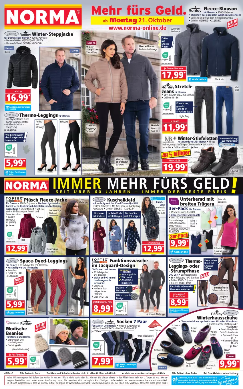 Aktueller Prospekt Norma - Norma - von 21.10 bis 28.10.2024 - strona 1 - produkty: asti, Bau, baumwolle, Beanie, Bebe, beere, braun, Brei, Coral, dell, eis, Elan, elle, gin, Hausschuhe, Hela, hemd, hose, Jacke, jeans, kleid, Kuschelkleid, lack, leggings, LG, mab, mikrofaser, mint, Mode, ndk, Plüsch, reis, Ria, rum, schuhe, socken, Spiele, Steppjacke, Stiefeletten, Stretchjeans, Strumpfhose, Tasche, taschen, Thermoleggings, Ti, Tipi, tisch, Unterhemd, Winterstiefel, wolle