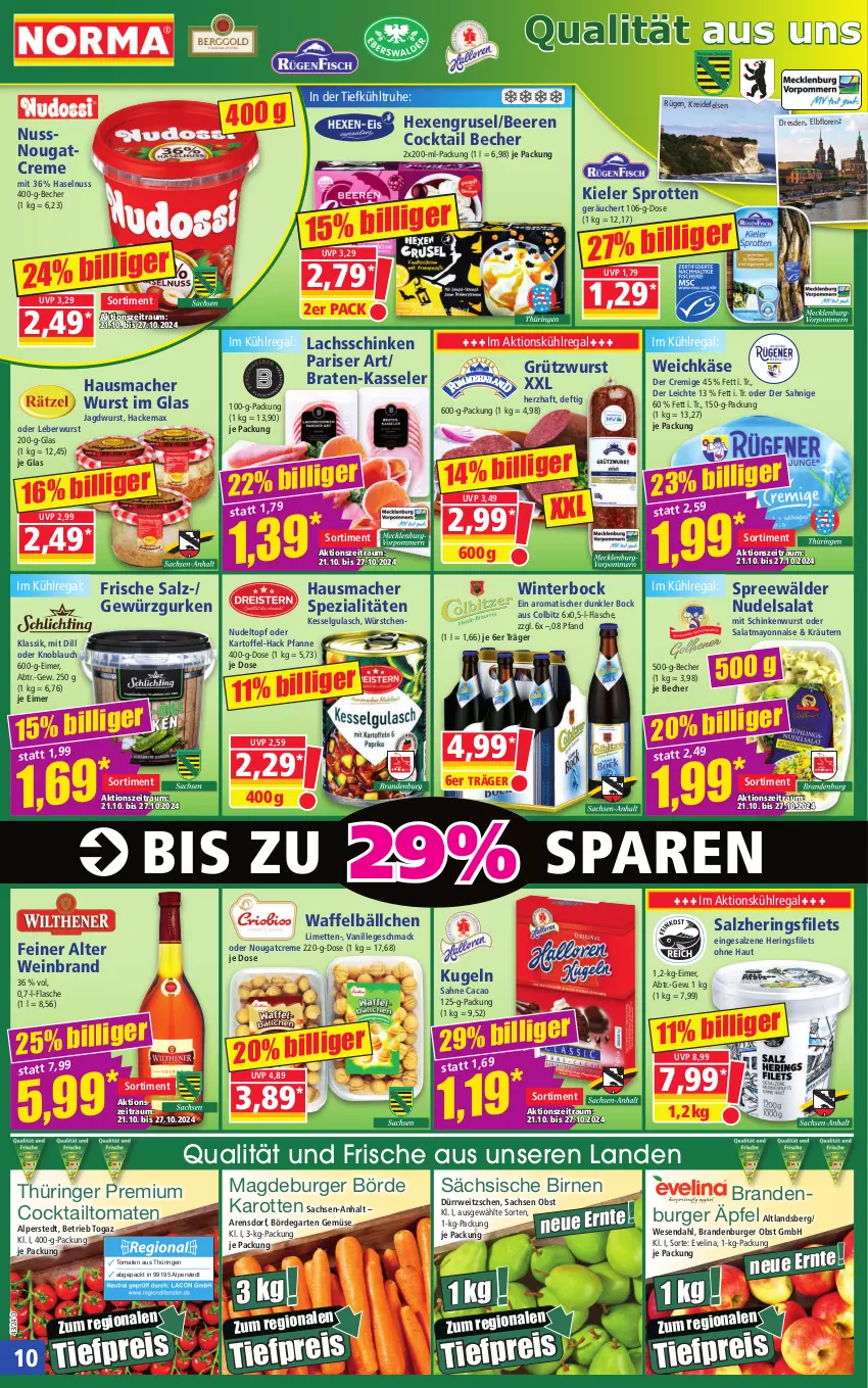 Aktueller Prospekt Norma - Norma - von 21.10 bis 28.10.2024 - strona 10 - produkty: Becher, beere, beeren, Birnen, Brandenburger äpfel, braten, burger, cocktail, creme, eimer, eis, filet, filets, flasche, Garten, gewürz, Gewürzgurke, gewürzgurken, gulasch, gurke, gurken, haselnuss, Hausmacher, hering, Herings, heringsfilets, jagdwurst, karotten, kartoffel, Käse, kasseler, kräuter, kräutern, Kreide, Kugel, kühlregal, lachs, lachsschinken, leberwurst, LG, limette, limetten, lorenz, mac, mayonnaise, Mett, metten, Nougatcreme, nudel, nudelsalat, nuss, obst, pfanne, regal, reis, ring, rwe, sac, sahne, salat, salz, schinken, schinkenwurst, Spezi, spreewälder, Sprotten, Ti, tiefpreis, tisch, tomate, tomaten, topf, vanille, weichkäse, wein, weinbrand, wurst, würstchen, Yo