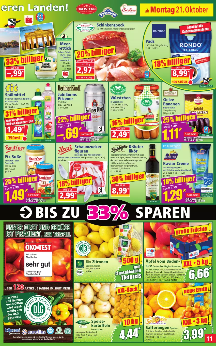 Aktueller Prospekt Norma - Norma - von 21.10 bis 28.10.2024 - strona 11 - produkty: apfel, banane, bananen, bio, bio-zitronen, Blüte, creme, eis, elle, erde, flasche, fleisch, frucht, fruchtfleisch, gelee, gewürz, gin, grana, granatapfel, hering, Herings, Jubiläums, kaffee, kartoffel, kartoffeln, kirsch, knoblauch, kräuter, kräutern, kühlregal, LG, likör, mac, mandel, meerrettich, navelina, Nektar, nektarinen, obst, Obst und Gemüse, orange, orangen, pils, pilsener, Rana, regal, reis, Rettich, rezept, ring, sac, saft, Saftorangen, sahne, Schal, Schale, Schaumzucker, schinken, schinkenspeck, senf, Senfsoße, Soße, Speck, speisekartoffeln, spülmittel, Ti, tiefpreis, tomate, tomaten, und gemüse, würstchen, zitrone, zitronen, zucker