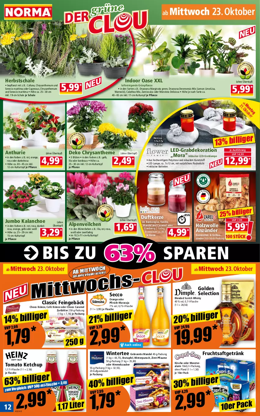 Aktueller Prospekt Norma - Norma - von 21.10 bis 28.10.2024 - strona 12 - produkty: Alpenveilchen, anzünder, apfel, auer, batterie, batterien, beutel, blended scotch, blended scotch whisky, Blüte, Bonbonglas, buch, caramel, cranberry, dekoration, Duftkerze, ecco, flasche, frucht, fruchtsaft, fruchtsaftgetränk, getränk, gin, grill, grillanzünder, Holz, jumbo, Kalanchoe, Kamin, Kaminofen, kerze, ketchup, kirsch, kirsche, kulturtopf, lack, Lacke, Lampe, LED Lampe, mandel, maracuja, monster, Monstera, Ofen, orange, pfirsich, pflanze, pflaume, saft, Schal, Schale, scotch, scotch whisky, tee, Thea, Ti, tomato ketchup, topf, übertopf, vanille, whisky, wolle