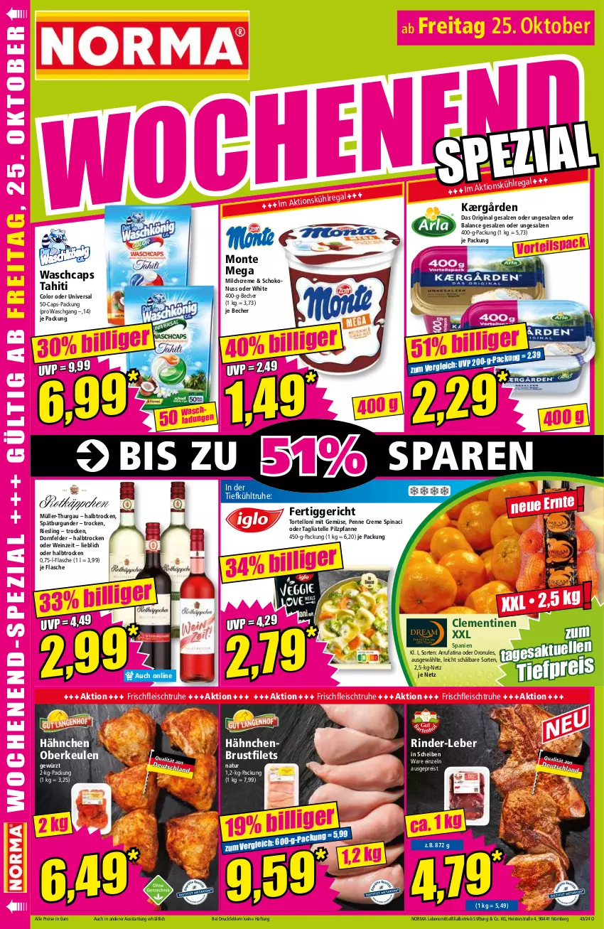 Aktueller Prospekt Norma - Norma - von 21.10 bis 28.10.2024 - strona 16 - produkty: Becher, brustfilet, burgunder, Cap, clementinen, creme, dornfelder, eis, elle, fertiggericht, filet, filets, flasche, fleisch, gewürz, gin, hähnchenbrust, hähnchenbrustfilet, Kærgården, lebensmittel, milch, mit gemüse, monte, Müller, Müller-Thurgau, natur, nuss, penne, pfanne, regal, reis, riesling, rind, rinder, salz, schoko, spätburgunder, tagliatelle, Ti, tiefpreis, torte, tortelloni, wein