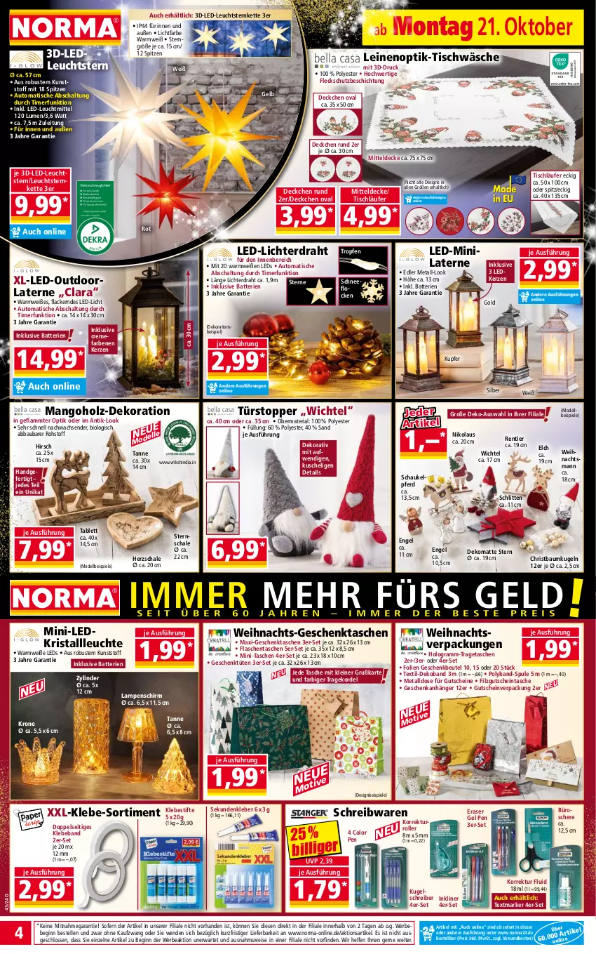 Aktueller Prospekt Norma - Norma - von 21.10 bis 28.10.2024 - strona 4 - produkty: Abba, Anhänger, auto, batterie, batterien, Bau, Baumkugel, Beba, Bebe, beutel, bio, creme, decke, dekoration, dell, Draht, eis, elle, Engel, flasche, Geschenkbeutel, Geschenktasche, gin, gutschein, gutscheine, Holz, kerze, Kette, kleber, krone, Kugel, kugelschreiber, lack, Lacke, lamm, Lampe, Lampenschirm, laterne, Läufer, led-licht, leds, leine, Leuchte, leuchtmittel, mango, mitteldecke, Mode, ndk, reis, Ria, Roller, Schal, Schale, Schaukel, Schere, Schlitten, schreibwaren, Spiele, stifte, tablet, tablett, Tasche, taschen, textmarker, Ti, timer, tisch, tischläufer, Tischwäsche, topper, tragetasche, türstopper, Tüte, Wichtel