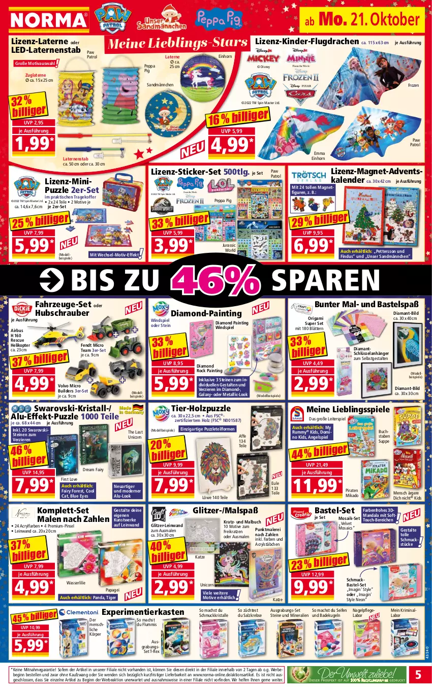 Aktueller Prospekt Norma - Norma - von 21.10 bis 28.10.2024 - strona 5 - produkty: Adventskalender, Anhänger, Bad, Bebe, buch, dell, disney, eis, Elan, elle, fairy, gin, Helikopter, Holz, Jura, Kinder, koffer, Krebs, Kugel, laterne, LG, mac, Malbuch, mikado, Mode, Paw Patrol, Peppa Pig, Pinsel, Puzzle, rum, salz, Schmuck, Seife, Spiele, suppe, Ti, tisch, velvet, wasser