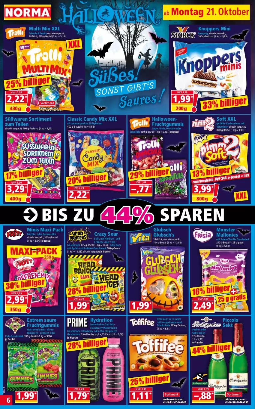 Aktueller Prospekt Norma - Norma - von 21.10 bis 28.10.2024 - strona 6 - produkty: apfel, ball, beere, beeren, beutel, bonbons, caramel, cola, creme, flasche, frucht, früchte, fruchtgummi, fruchtgummis, getränk, haselnuss, himbeer, himbeere, knoppers, mac, melone, melonen, monster, nuss, raspberry, sahne, schoko, schokolade, sekt, Ti, vanille, vita, Vitamine, wasser, wassermelone, wassermelonen