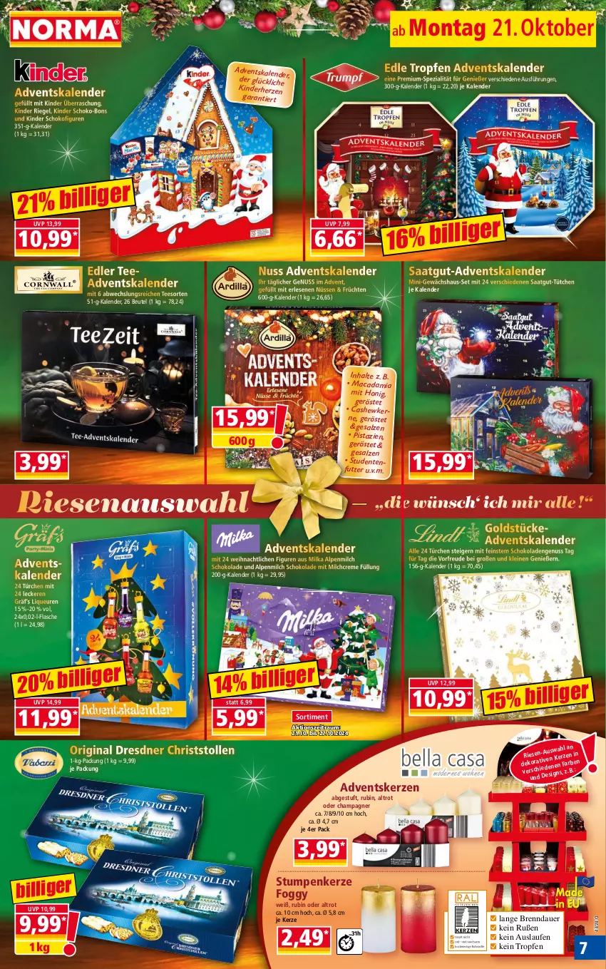 Aktueller Prospekt Norma - Norma - von 21.10 bis 28.10.2024 - strona 7 - produkty: Adventskalender, alpenmilch, auer, beutel, Cashew, cashewkerne, champagne, champagner, creme, ente, flasche, früchte, früchten, Gewächshaus, gin, Goldstücke, honig, kerze, Kinder, kinder riegel, Laufen, leine, liqueur, mac, macadamia, milch, milka, nuss, pistazien, riegel, Rubin, salz, schoko, schoko-bons, schokolade, schokoladen, Spezi, Stollen, studentenfutter, tee, Ti