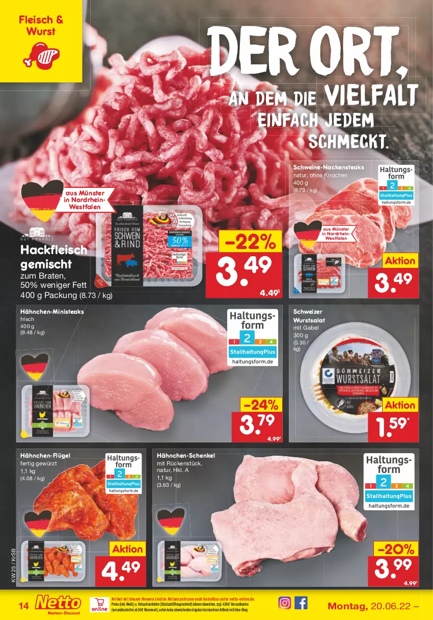 Aktueller Prospekt Netto Marken-Discount - Filial-Angebote - von 20.06 bis 25.06.2022 - strona 14 - produkty: braten, eis, fleisch, gabel, gewürz, hackfleisch, hackfleisch gemischt, hähnchen-schenkel, henkel, Nackensteak, nackensteaks, natur, ndk, reis, salat, schenkel, schwein, schweine, steak, steaks, Ti, versandkostenfrei, wein, weine, wurst