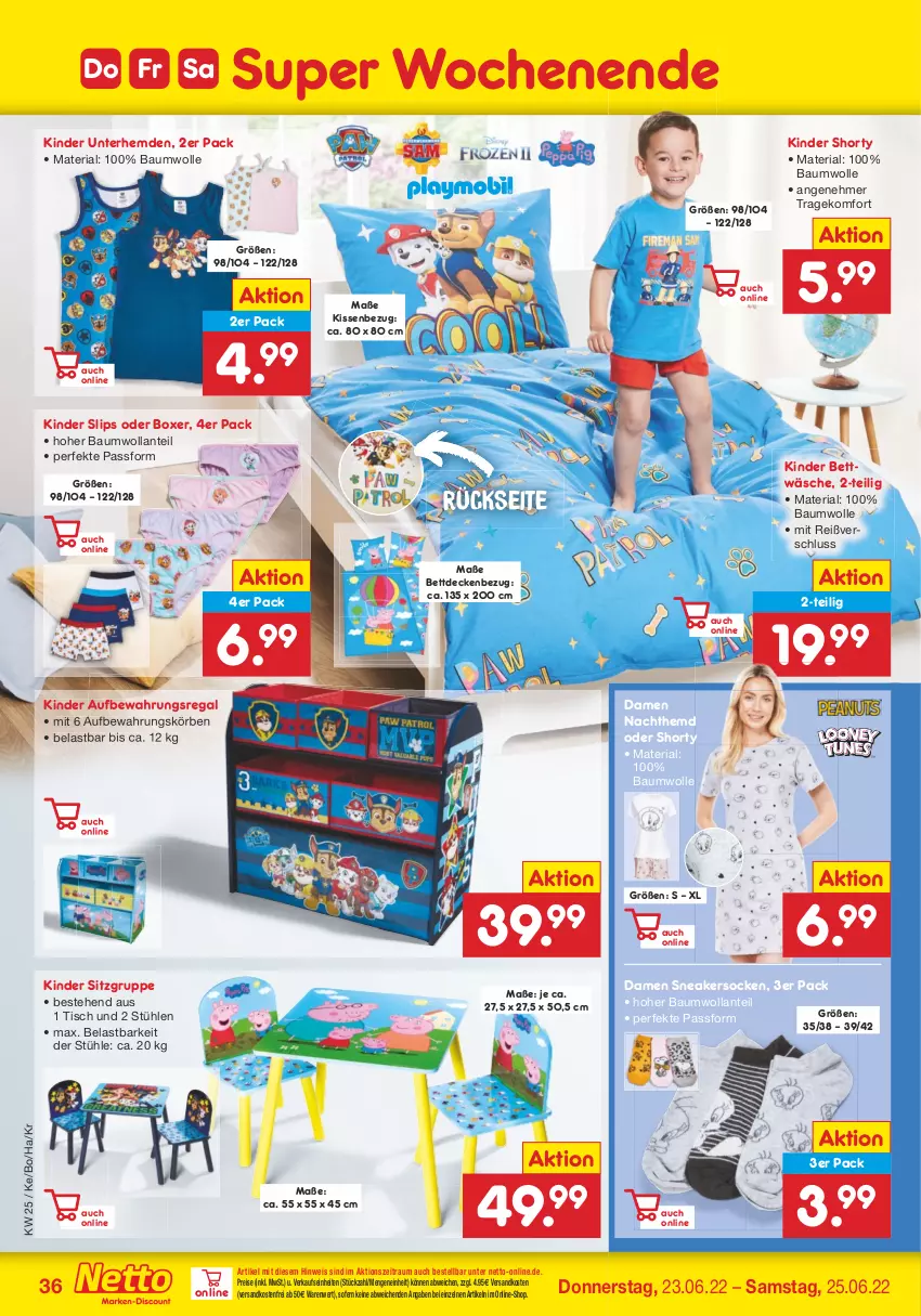 Aktueller Prospekt Netto Marken-Discount - Filial-Angebote - von 20.06 bis 25.06.2022 - strona 36 - produkty: Bau, baumwolle, bett, bettwäsche, decke, eis, hemd, hemden, Kinder, Kinder Bett, kissen, Kissenbezug, Nachthemd, ndk, regal, reis, Ria, shorty, slip, slips, sneaker, sneakersocken, socken, Stühl, Ti, tisch, Unterhemd, unterhemden, versandkostenfrei, wolle