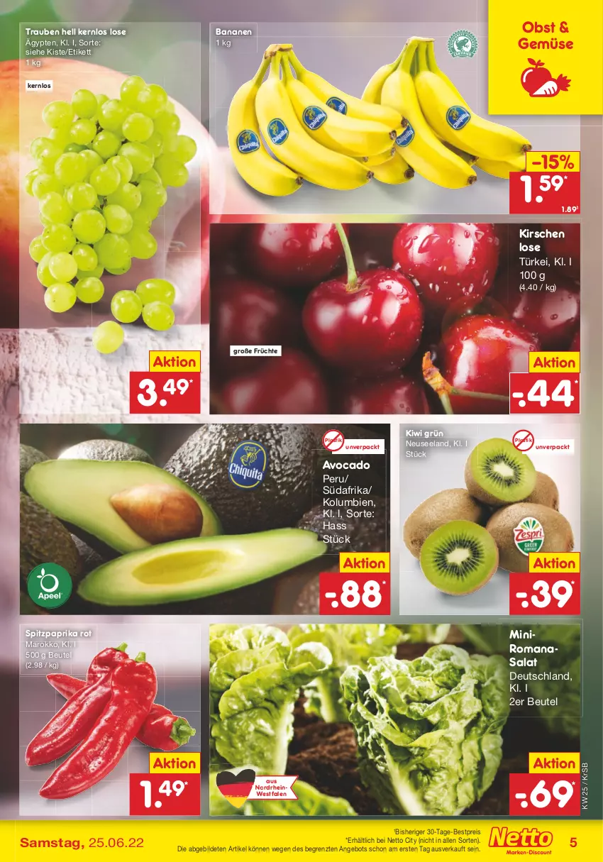 Aktueller Prospekt Netto Marken-Discount - Filial-Angebote - von 20.06 bis 25.06.2022 - strona 5 - produkty: angebot, asti, avocado, banane, bananen, bestpreis, beutel, eis, Elan, früchte, kirsch, kirsche, kirschen, kiwi, obst, paprika, paprika rot, reis, Romanasalat, salat, Spitzpaprika, Ti, trauben, ZTE