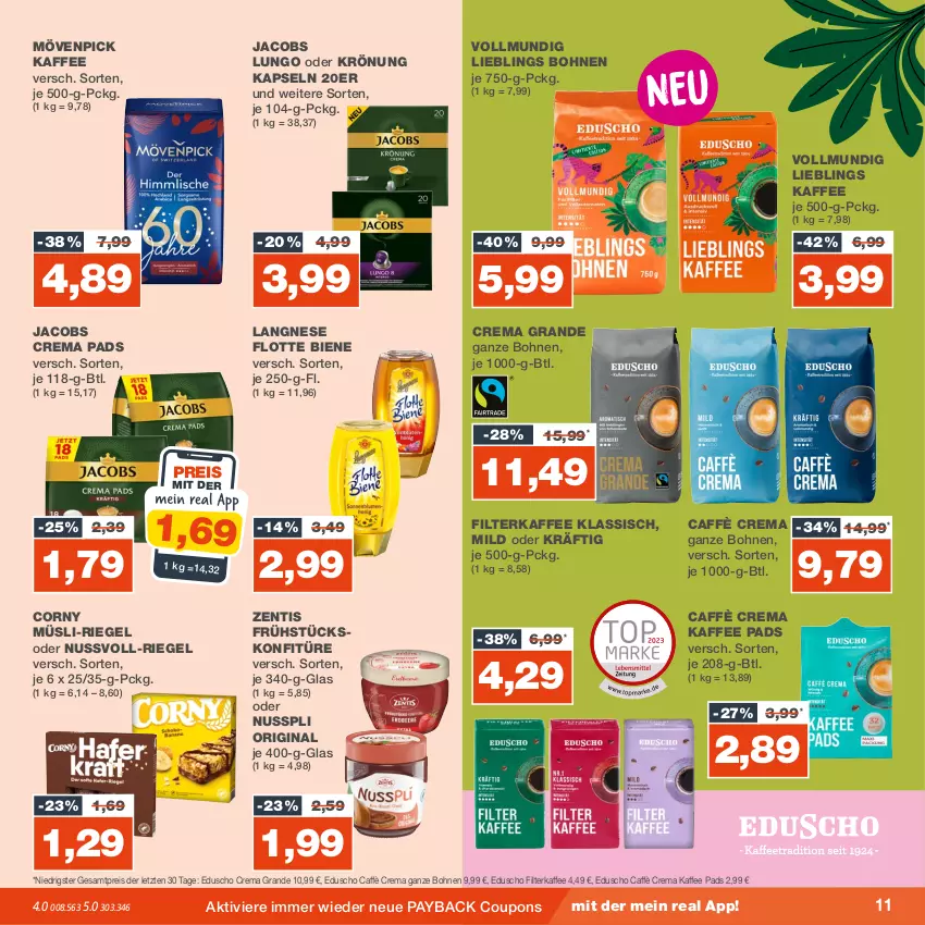 Aktueller Prospekt Real - von 04.09 bis 09.09.2023 - strona 11 - produkty: bohne, bohnen, caffè crema, corny, coupon, coupons, crema pads, eduscho, eis, filterkaffee, gin, jacobs, Jacobs Crema, kaffee, konfitüre, langnese, lungo, mövenpick, mövenpick kaffee, müsli, nuss, nusspli, payback, reis, riegel, Ti, zentis, ZTE