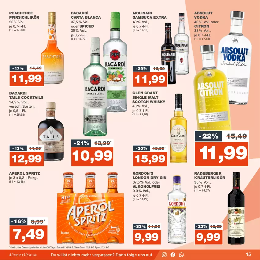 Aktueller Prospekt Real - von 04.09 bis 09.09.2023 - strona 15 - produkty: Absolut Vodka, alkohol, aperol, bacardi, Berger, cocktail, cocktails, dry gin, eis, gin, Glen Grant, gordon, Gordon’s, kräuter, kräuterlikör, LG, likör, london dry, london dry gin, Molinari, pfirsich, radeberger, reis, sambuca, scotch, scotch whisky, single malt, vodka, whisky, ZTE