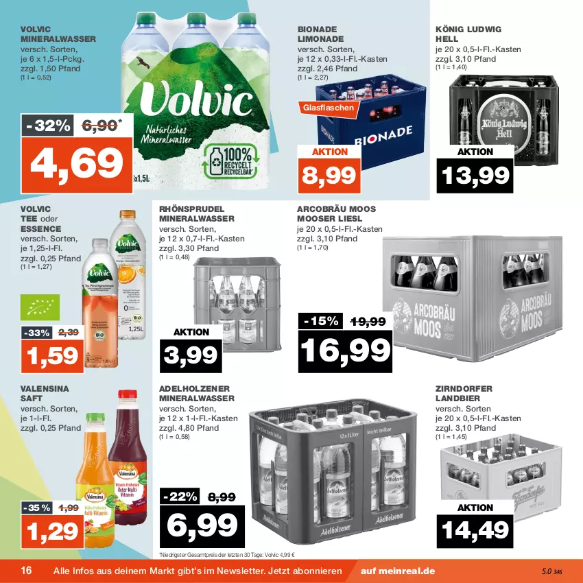 Aktueller Prospekt Real - von 04.09 bis 09.09.2023 - strona 16 - produkty: adelholzener, Alwa, bier, bio, bionade, eis, flasche, glasflasche, Holz, limo, limonade, mineralwasser, reis, RhönSprudel, saft, Sprudel, tee, Ti, valensina, volvic, wasser, ZTE