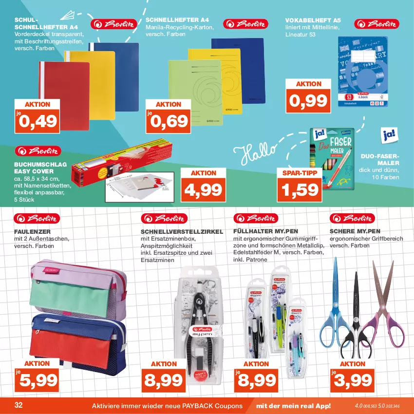 Aktueller Prospekt Real - von 04.09 bis 09.09.2023 - strona 32 - produkty: buch, Clin, coupon, coupons, decke, Deckel, edelstahl, erde, fasermaler, Füllhalter, Hefte, Kette, payback, reifen, Schere, Schnellhefter, Tasche, taschen, Ti