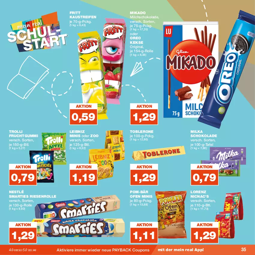 Aktueller Prospekt Real - von 04.09 bis 09.09.2023 - strona 35 - produkty: aust, coupon, coupons, frucht, fruchtgummi, gin, Kaustreifen, keks, kekse, leibniz, lorenz, mikado, milch, milka, milka schokolade, nestlé, Ofen, oreo, payback, pom-bär, reifen, schoko, schokolade, smarties, Ti, toblerone, trolli, trolli fruchtgummi