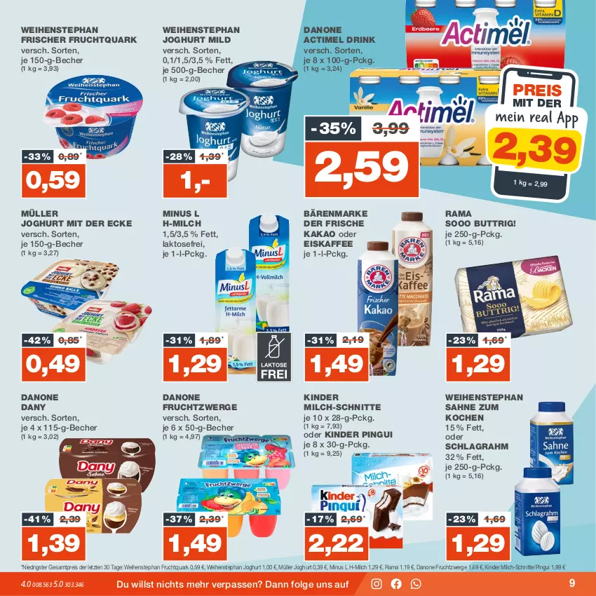 Aktueller Prospekt Real - von 04.09 bis 09.09.2023 - strona 9 - produkty: actimel, actimel drink, bärenmarke, Becher, danone, danone actimel drink, danone fruchtzwerge, Dany, drink, eis, eiskaffee, frucht, Fruchtquark, fruchtzwerge, joghur, joghurt, joghurt mild, joghurt mit der ecke, kaffee, kakao, Kinder, kinder pingui, LG, milch, milch-schnitte, Müller, pingui, quark, rama, reis, sahne, schlagrahm, Ti, weihenstephan, ZTE