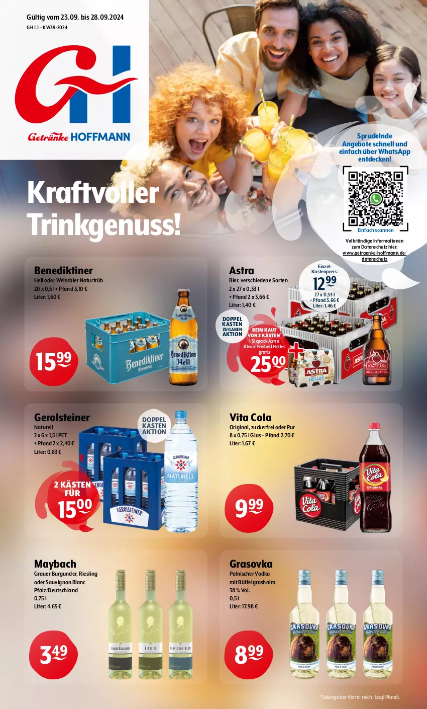 Aktueller Prospekt Getraenke Hoffmann - Prospekte - von 23.09 bis 28.09.2024 - strona 1 - produkty: angebot, angebote, Astra, auer, Benediktiner, bier, burgunder, cola, decke, eis, elle, gerolsteine, gerolsteiner, gin, grauer burgunder, kraft, leine, LG, maybach, natur, nuss, reis, rel, riesling, sauvignon, sauvignon blanc, Sprudel, steiner, Ti, vita, Vita C, vodka, weissbier, zucker