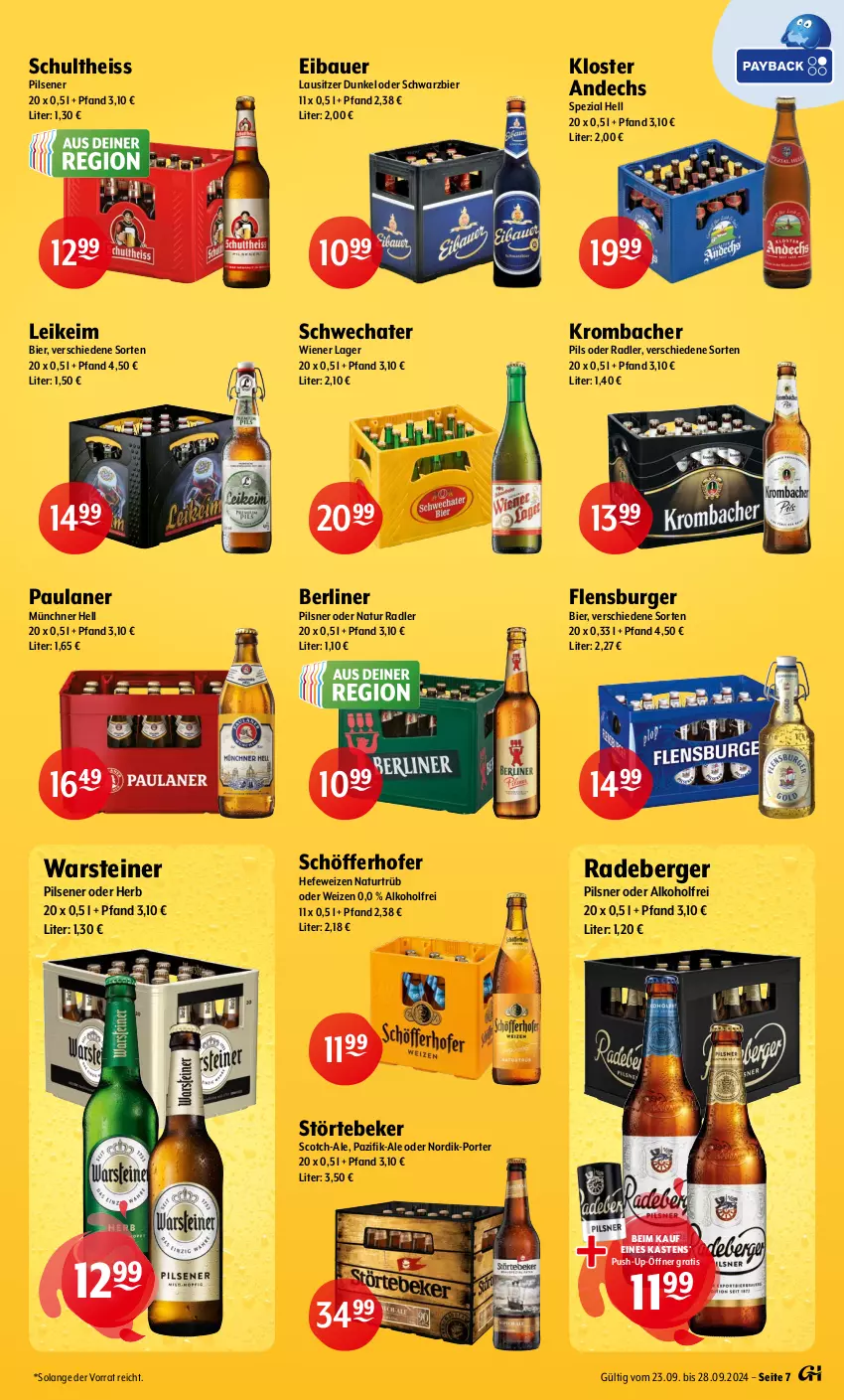 Aktueller Prospekt Getraenke Hoffmann - Prospekte - von 23.09 bis 28.09.2024 - strona 7 - produkty: alkohol, auer, Bau, Bauer, Berger, berliner, bier, burger, eis, flensburger, Hefe, hefeweizen, Kloster Andechs, krombache, krombacher, krombacher pils, natur, natur radler, oder radler, Paula, paulaner, pils, pilsener, pilsner, Push-up, radeberger, radeberger pilsner, radler, schöfferhofer, Schultheiss, Schwechater, scotch, Spezi, steiner, störtebeker, Ti, warsteiner, wiener