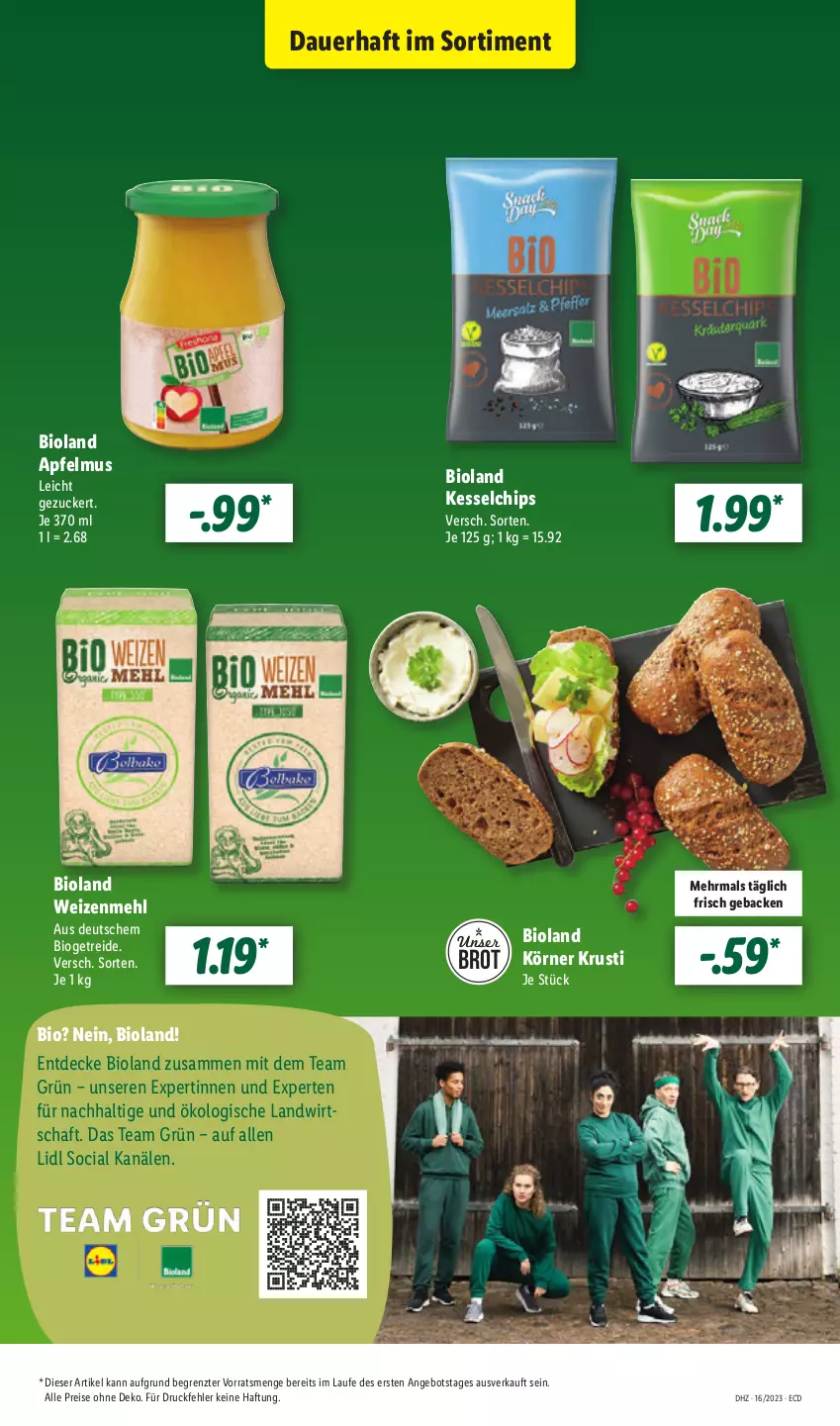 Aktueller Prospekt Lidl - Aktionsprospekt - von 17.04 bis 22.04.2023 - strona 13 - produkty: angebot, apfel, apfelmus, auer, bio, bioland, brot, chips, decke, eis, geback, mehl, reis, Ti, weizenmehl, ZTE, zucker