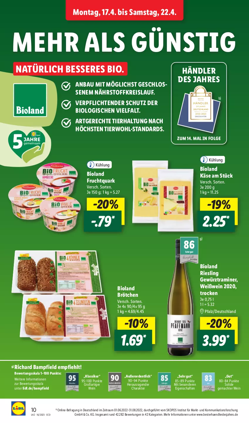 Aktueller Prospekt Lidl - Aktionsprospekt - von 17.04 bis 22.04.2023 - strona 14 - produkty: Bau, bio, bioland, brötchen, discount, eis, erde, frucht, Fruchtquark, gewürz, Käse, LG, mac, quark, reis, riesling, tender, Ti, wein, Weißwein