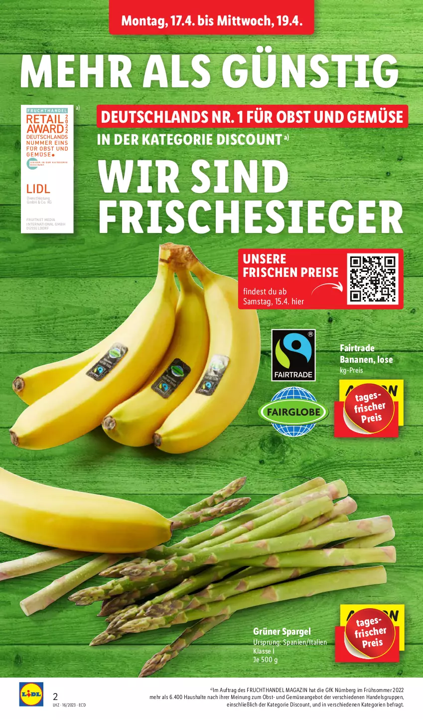 Aktueller Prospekt Lidl - Aktionsprospekt - von 17.04 bis 22.04.2023 - strona 2 - produkty: angebot, banane, bananen, discount, eis, ente, frucht, grüner spargel, magazin, obst, Obst und Gemüse, reis, spargel, Ti, und gemüse