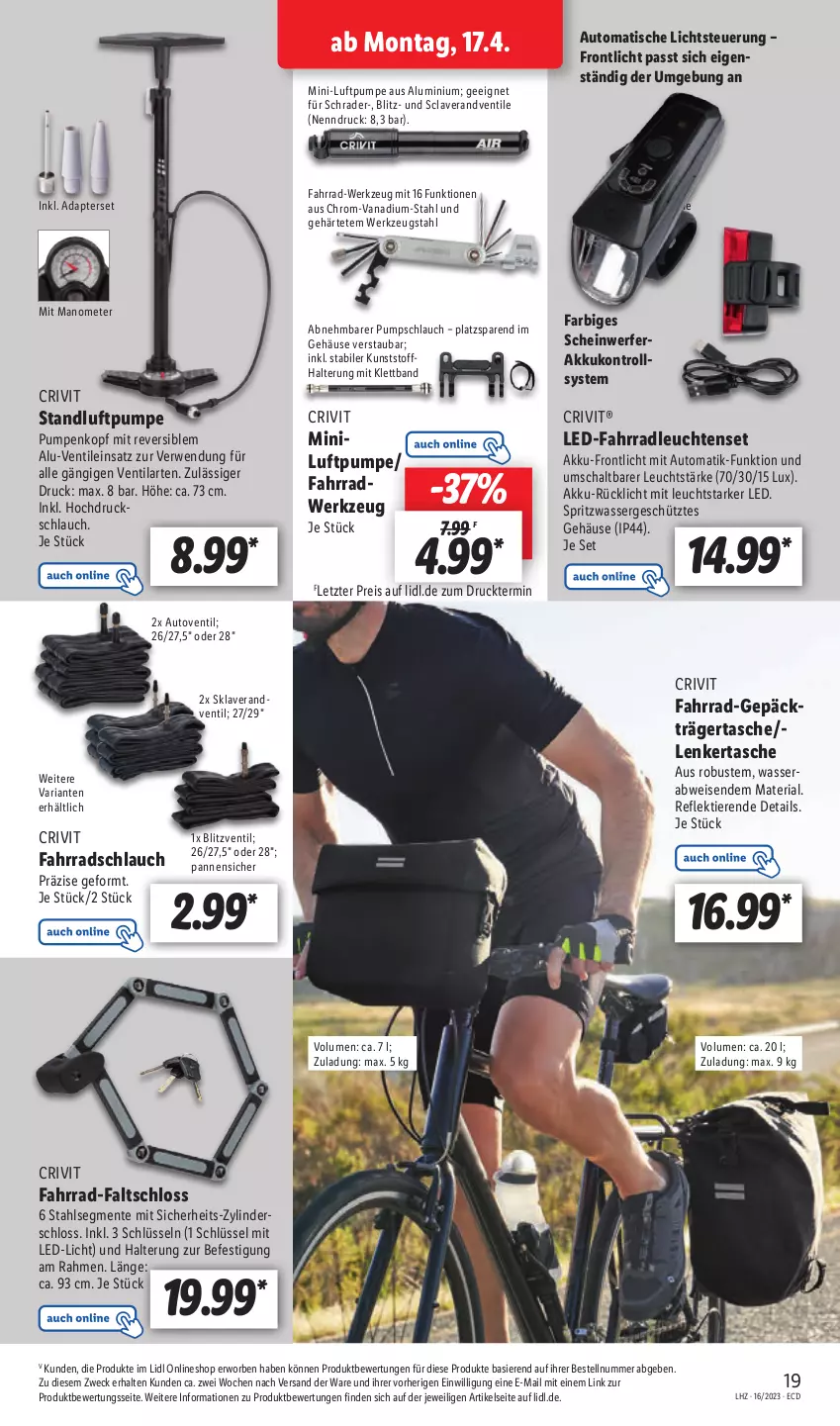 Aktueller Prospekt Lidl - Aktionsprospekt - von 17.04 bis 22.04.2023 - strona 23 - produkty: adapter, akku, auto, crivit, eis, ente, Fahrrad, Faltschloss, lavera, led-licht, Leuchte, leuchten, reis, Ria, rücklicht, rwe, Schal, schlauch, Tasche, Ti, Tiere, tisch, tragetasche, wasser, weck, werkzeug, ZTE