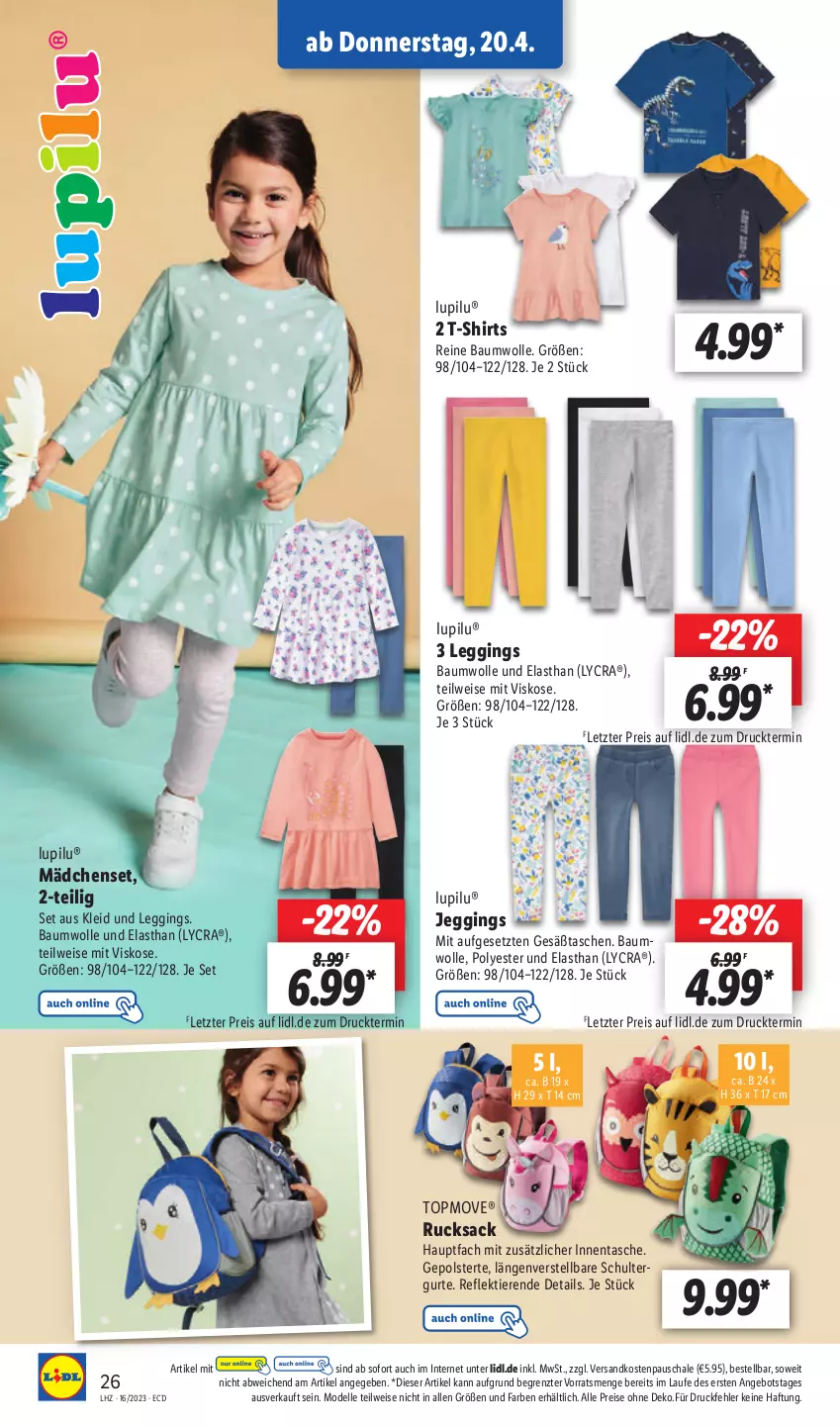 Aktueller Prospekt Lidl - Aktionsprospekt - von 17.04 bis 22.04.2023 - strona 30 - produkty: angebot, Bau, baumwolle, dell, eis, elle, gin, kleid, leggings, lupilu, Mode, ndk, reine baumwolle, reis, rucksack, sac, Schal, Schale, schultergurt, shirt, shirts, T-Shirt, Tasche, taschen, Ti, Tiere, wolle, ZTE