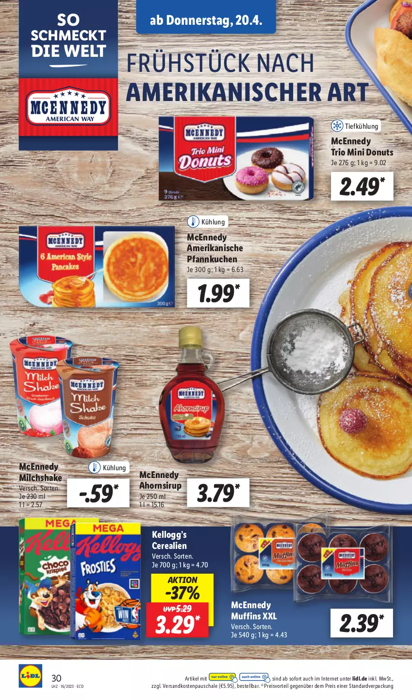 Aktueller Prospekt Lidl - Aktionsprospekt - von 17.04 bis 22.04.2023 - strona 34 - produkty: cerealien, Donut, donuts, eis, kuchen, mcennedy, milch, Muffin, muffins, ndk, Pfannkuchen, preisvorteil, reis, Schal, Schale, shake, sirup, Ti