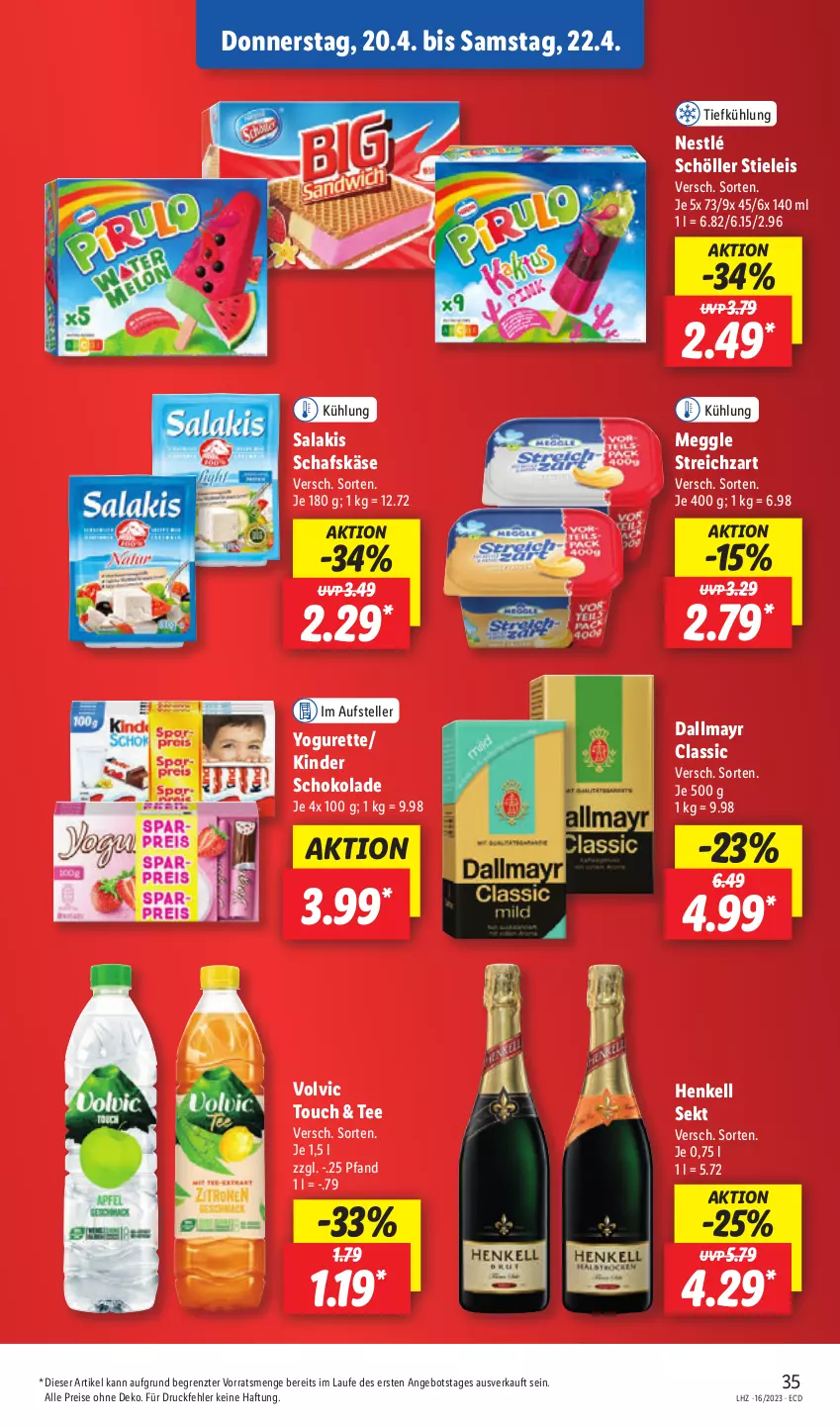 Aktueller Prospekt Lidl - Aktionsprospekt - von 17.04 bis 22.04.2023 - strona 39 - produkty: angebot, dallmayr, eis, elle, henkel, henkell, henkell sekt, Käse, Kinder, kinder schokolade, meggle, nestlé, nestlé schöller, reis, salakis, schafskäse, schoko, schokolade, Schöller, sekt, stieleis, Streichzart, tee, teller, Ti, volvic, Yo, yogurette, ZTE