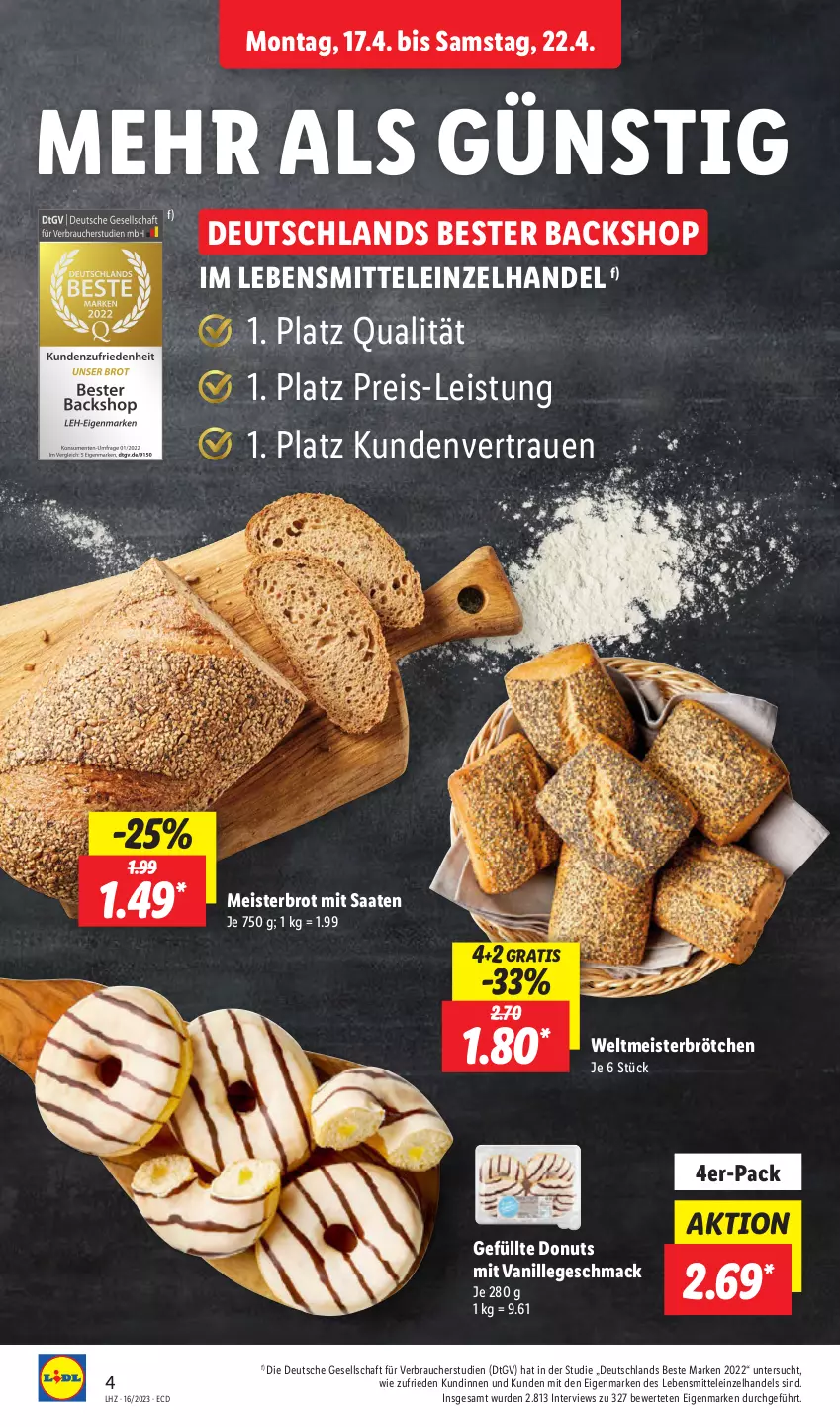 Aktueller Prospekt Lidl - Aktionsprospekt - von 17.04 bis 22.04.2023 - strona 4 - produkty: brot, brötchen, Donut, donuts, eis, lebensmittel, mac, Meister, Rauch, reis, Ti, vanille