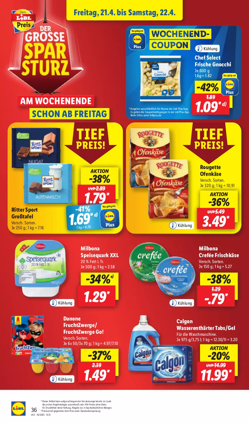 Aktueller Prospekt Lidl - Aktionsprospekt - von 17.04 bis 22.04.2023 - strona 40 - produkty: angebot, Bona, calgon, coupon, danone, danone fruchtzwerge, drucker, eis, Engel, frischkäse, frucht, fruchtzwerge, gnocchi, Käse, kerze, LG, Milbona, Ofen, Ofenkäse, papier, preisvorteil, quark, reis, ritter, ritter sport, rouge, rougette, speisequark, Sport, Ti, waschmaschine, wasser, wasserenthärter, Wasserenthärter Tabs, ZTE