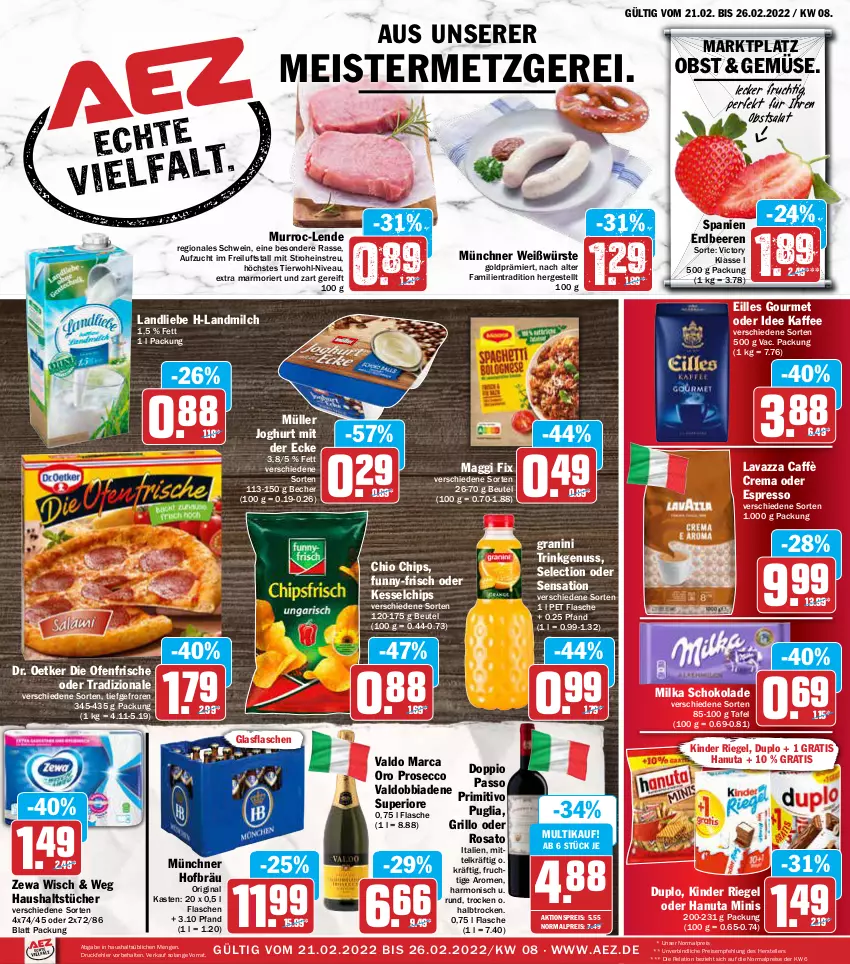 Aktueller Prospekt Aez - Prospekte - von 21.02 bis 26.02.2022 - strona 1 - produkty: AEZ, aktionspreis, Becher, beere, beeren, beutel, caffè crema, chio chips, chips, die ofenfrische, Dr. Oetker, duplo, ecco, eilles gourmet, eis, elle, erdbeere, erdbeeren, espresso, flasche, frucht, funny-frisch, gin, glasflasche, granini, grill, grillo, hanuta, haushaltstücher, joghur, joghurt, joghurt mit der ecke, kaffee, Kinder, kinder riegel, landliebe, landmilch, lavazza, maggi, maggi fix, Meister, milch, milka, milka schokolade, Müller, nivea, nuss, obst, oder espresso, Ofen, passo, primitivo, prosecco, reis, rel, riegel, rosato, salat, schoko, schokolade, schwein, teller, Ti, tradizionale, tücher, valdo, wein, zewa