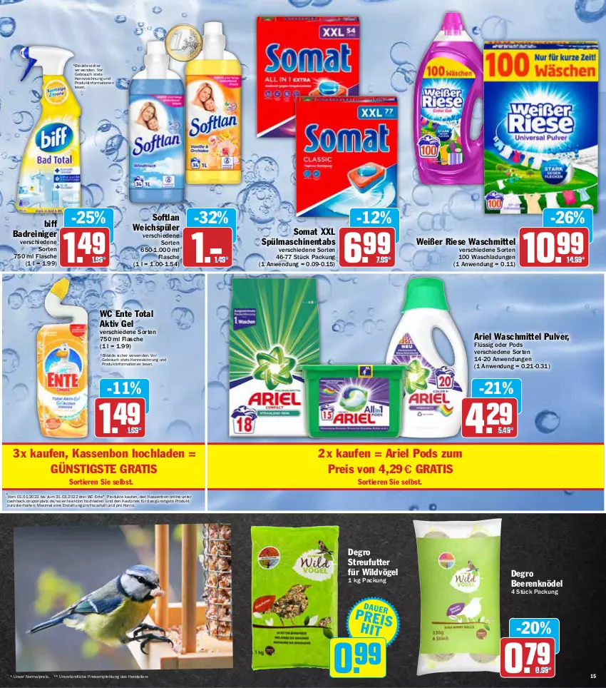 Aktueller Prospekt Aez - Prospekte - von 21.02 bis 26.02.2022 - strona 15 - produkty: aktiv gel, ariel, ariel waschmittel, Bad, beere, beeren, biff, bio, coupon, eis, elle, ente, flasche, Knödel, Pods, Rauch, reiniger, reis, rwe, Softlan, somat, spülmaschinen, spülmaschinentabs, Streufutter, teller, Ti, Tiere, waschmittel, wc ente, weichspüler, Wild