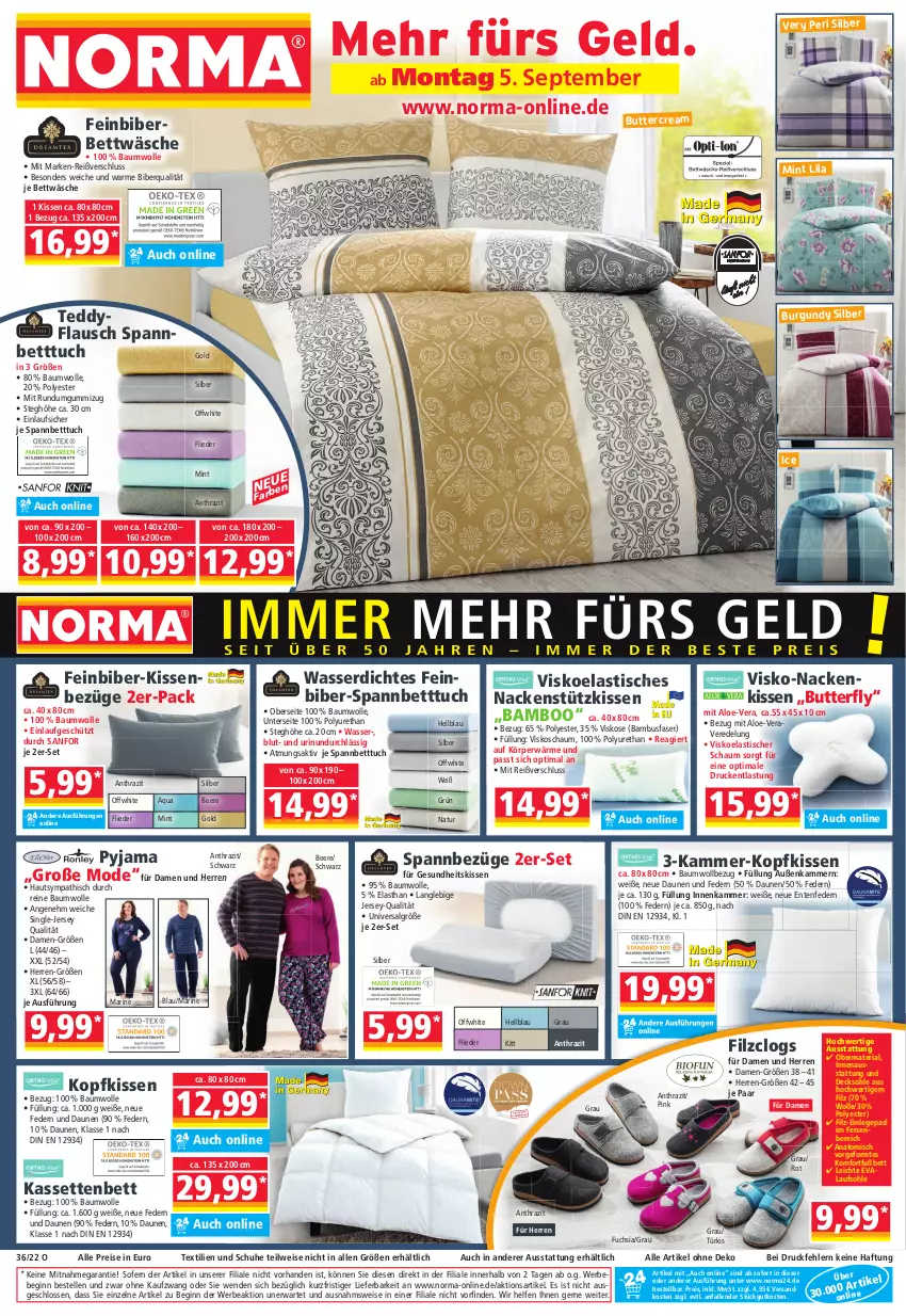 Aktueller Prospekt Norma - Norma - von 05.09 bis 12.09.2022 - strona 1 - produkty: aqua, asti, bamboo, bambus, Bau, baumwolle, Bebe, beere, bett, Betttuch, bettwäsche, butter, Clogs, daunen und federn, decksohle, eis, elle, ente, flieder, Gesundheit, gin, kissen, kopfkissen, LG, mint, Mode, nackenkissen, nackenstützkissen, natur, ndk, Pyjama, reine baumwolle, reis, Ria, schuhe, spannbetttuch, Ti, tisch, tuc, wasser, wolle