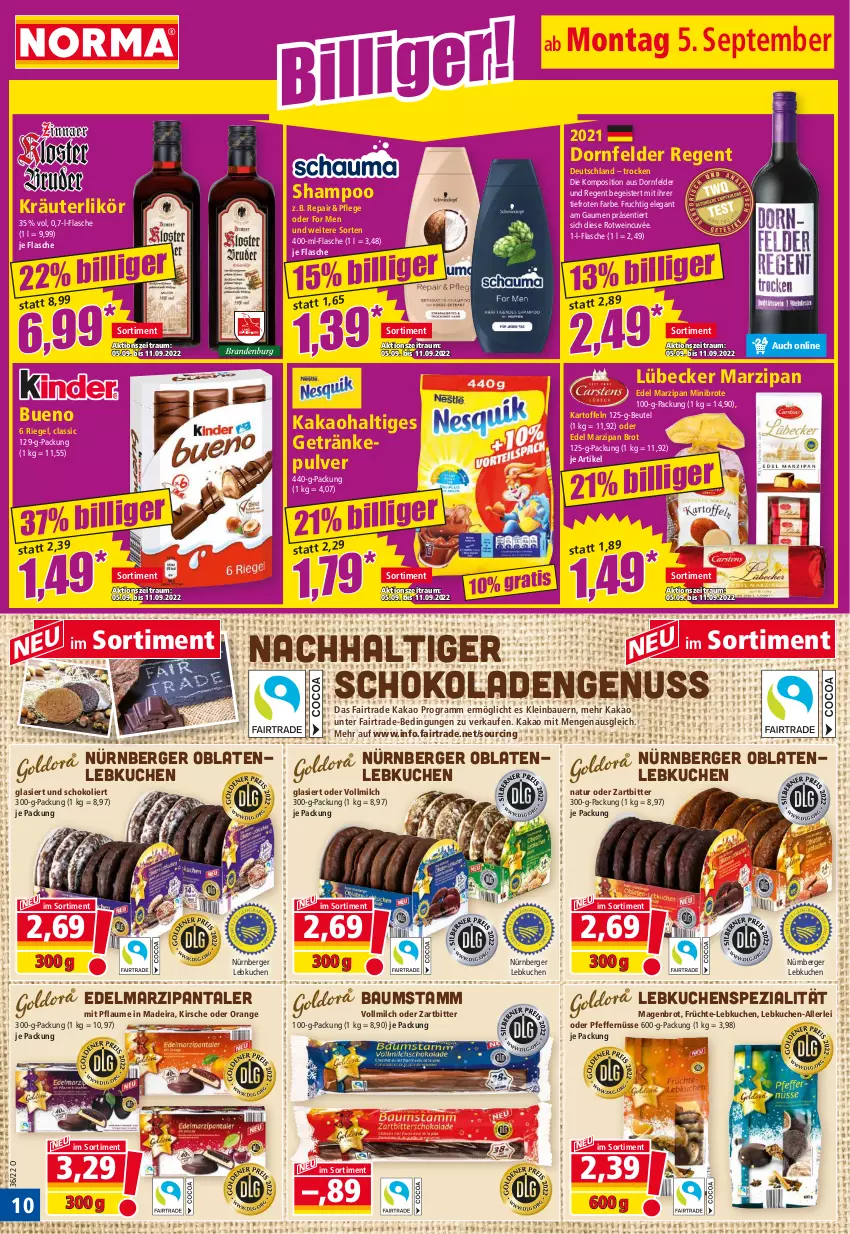 Aktueller Prospekt Norma - Norma - von 05.09 bis 12.09.2022 - strona 10 - produkty: auer, Bau, Bauer, Berger, beutel, brot, cin, cuvée, dornfelder, Edelmarzipan, Edelmarzipantaler, eis, flasche, frucht, früchte, getränk, getränke, getränkepulver, kakao, kartoffel, kartoffeln, kirsch, kirsche, kräuter, kräuterlikör, kuchen, Lebkuchen, likör, Lübecker, marzipan, milch, natur, nürnberger, Nürnberger Lebkuchen, nuss, Oblaten, orange, pfeffer, pflaume, riegel, rotwein, schoko, schokolade, schokoladen, shampoo, Spezi, Ti, vollmilch, wein