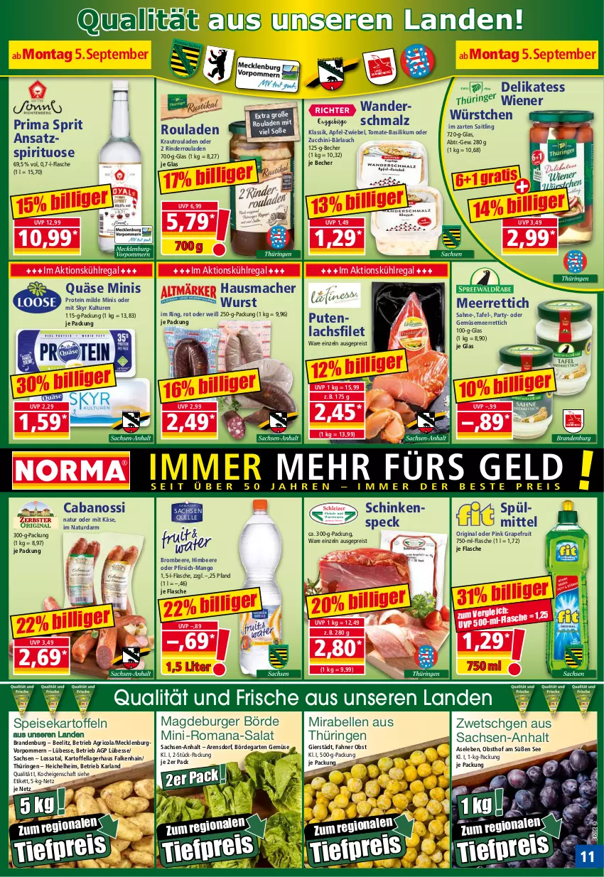 Aktueller Prospekt Norma - Norma - von 05.09 bis 12.09.2022 - strona 11 - produkty: apfel, arla, basilikum, Becher, beere, brombeere, burger, Cabanossi, cola, eis, elle, filet, flasche, Garten, gin, grapefruit, Hausmacher, himbeer, himbeere, im zarten saitling, kartoffel, kartoffeln, Käse, Kraut, kühlregal, lachs, lachsfilet, mac, malz, mango, meerrettich, natur, obst, pfirsich, pute, quäse, regal, reis, Rettich, Ricola, rind, rinder, Rinderroulade, rinderrouladen, ring, rouladen, sac, sahne, salat, schinken, schinkenspeck, Schmalz, Skyr, Soße, Speck, speisekartoffeln, spülmittel, Ti, tiefpreis, tomate, tomate-basilikum, wiener, wiener würstchen, wurst, würstchen, zucchini, zwiebel