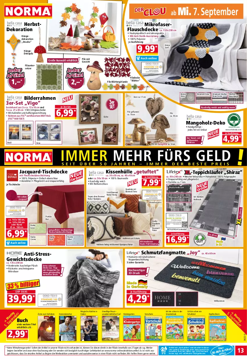 Aktueller Prospekt Norma - Norma - von 05.09 bis 12.09.2022 - strona 13 - produkty: Bau, baumwolle, Bebe, bilderrahmen, brie, buch, creme, decke, dekoration, dell, eis, Elan, elle, ente, Garten, gin, Girlande, Holz, honig, Kinder, kissen, kissenhülle, lamm, Läufer, LG, mango, mikrofaser, Mode, natur, ndk, perlen, Plüsch, quad, reifen, reis, Ria, schmutzfangmatte, schoko, senf, Spiele, teller, teppich, Ti, tisch, tischdecke, Untersetzer, wolle, ZTE